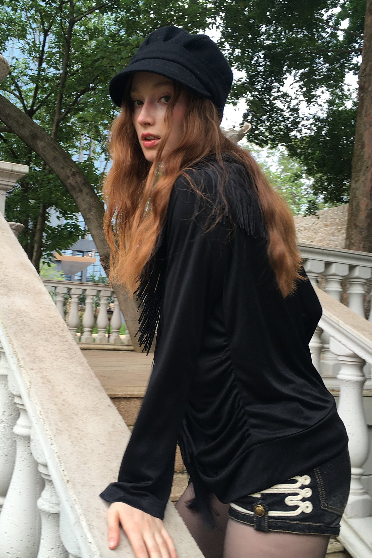 FAYCHUI Diamond Fringe Pleated Long-Sleeve Tee