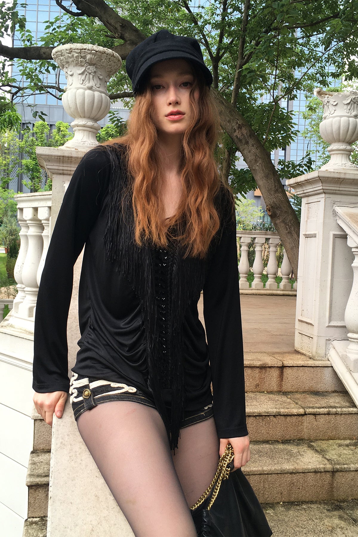FAYCHUI Diamond Fringe Pleated Long-Sleeve Tee