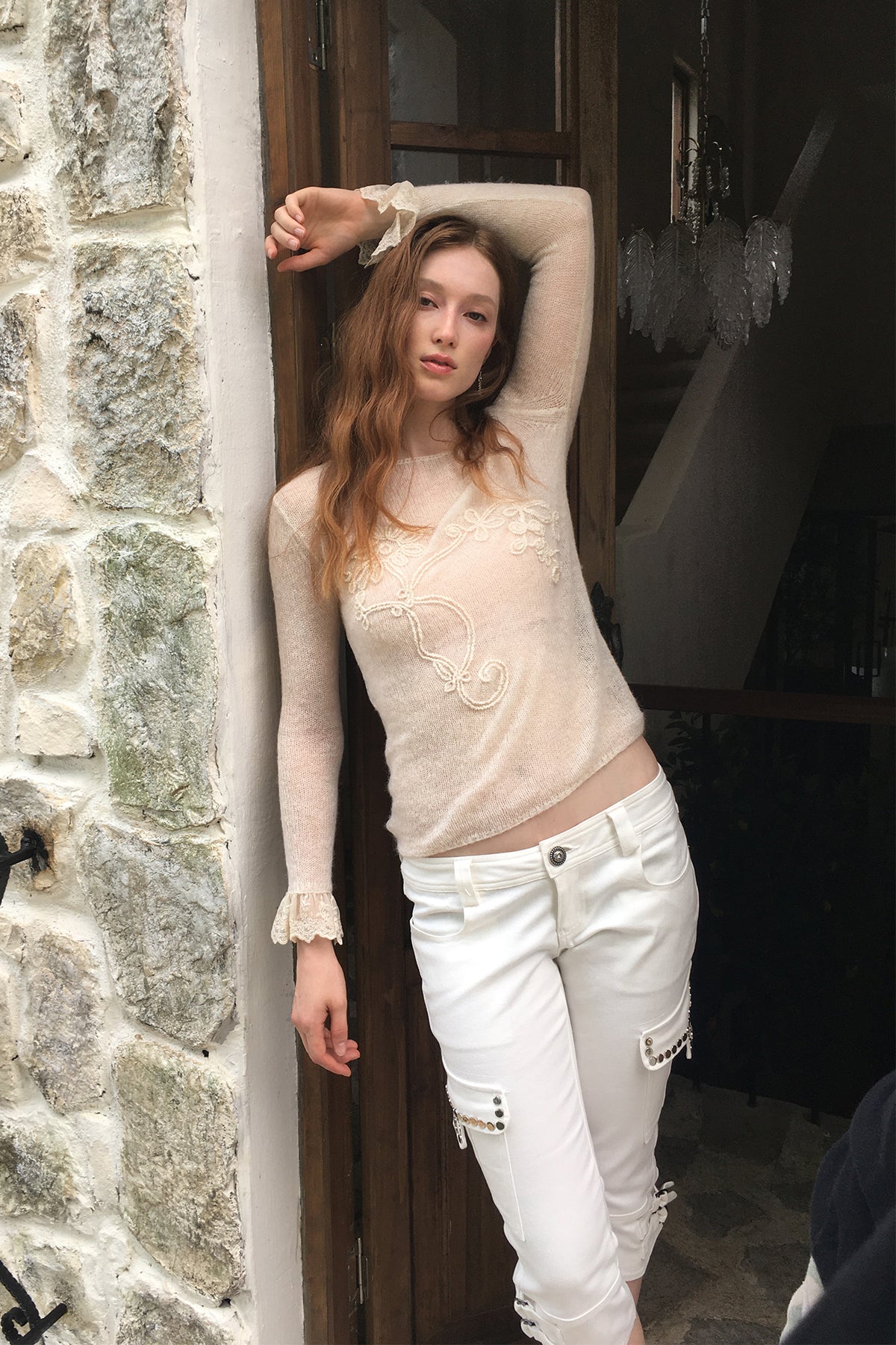 FAYCHUI Floral Rope-Embroidered Beaded Mohair Sweater