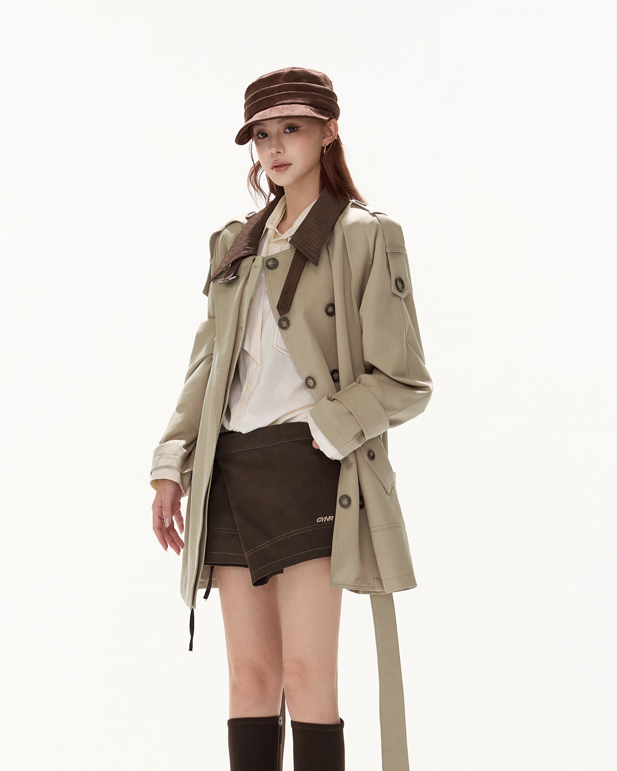 CYGNENOYR Classic Double-Breasted Belted Trench Coat