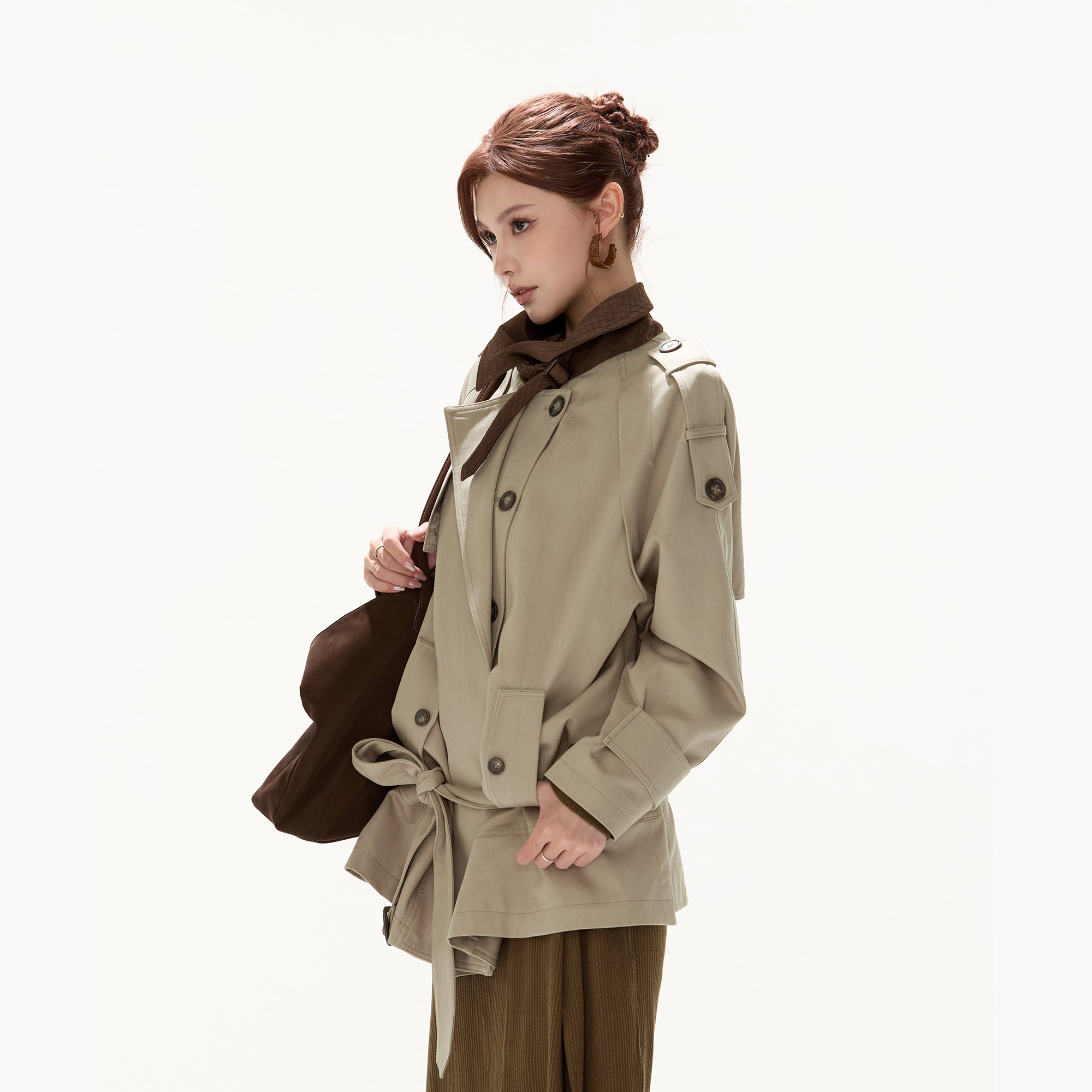 CYGNENOYR Classic Double-Breasted Belted Trench Coat