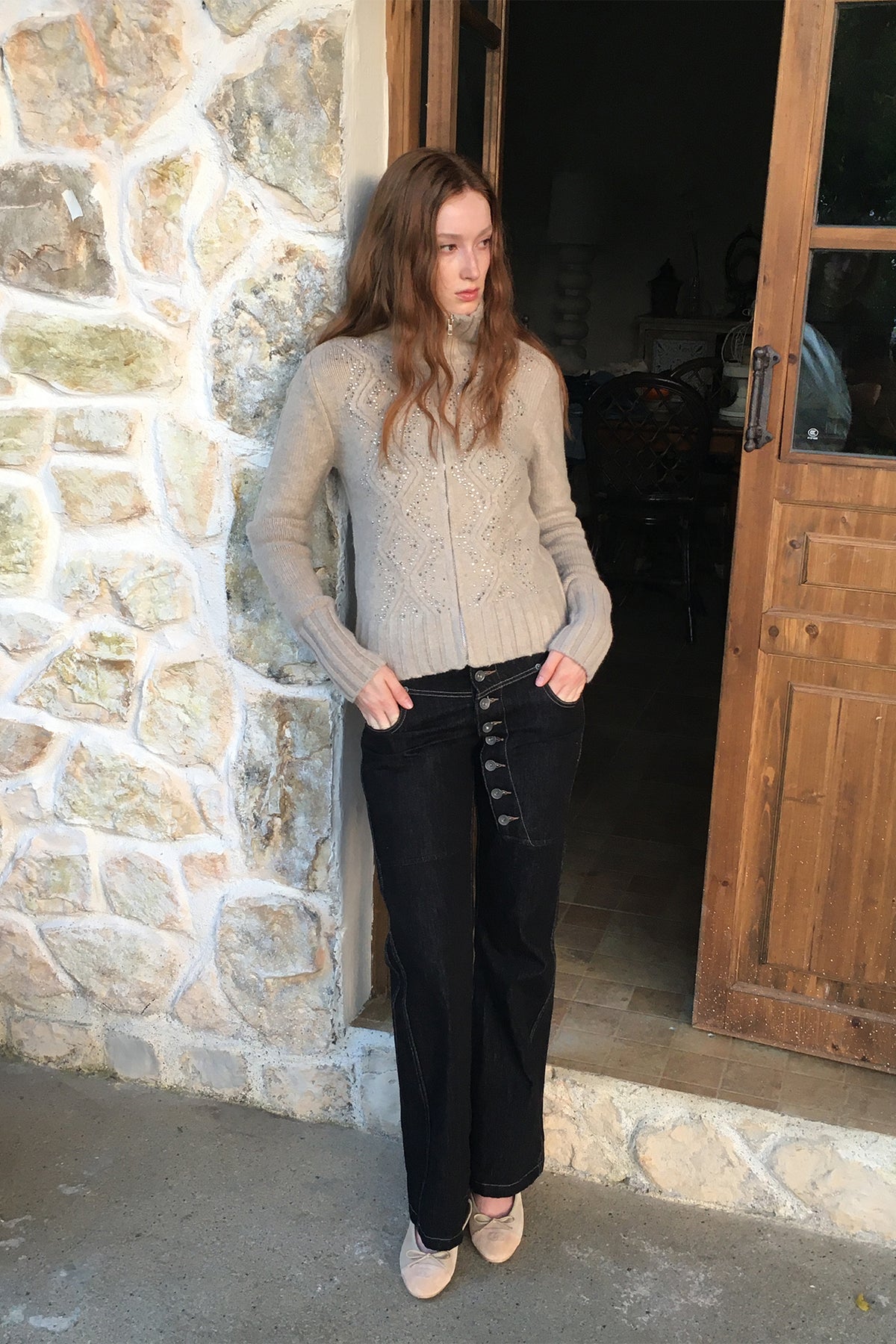 FAYCHUI Diamond Embroidered Ribbed Zip-Up Sweater