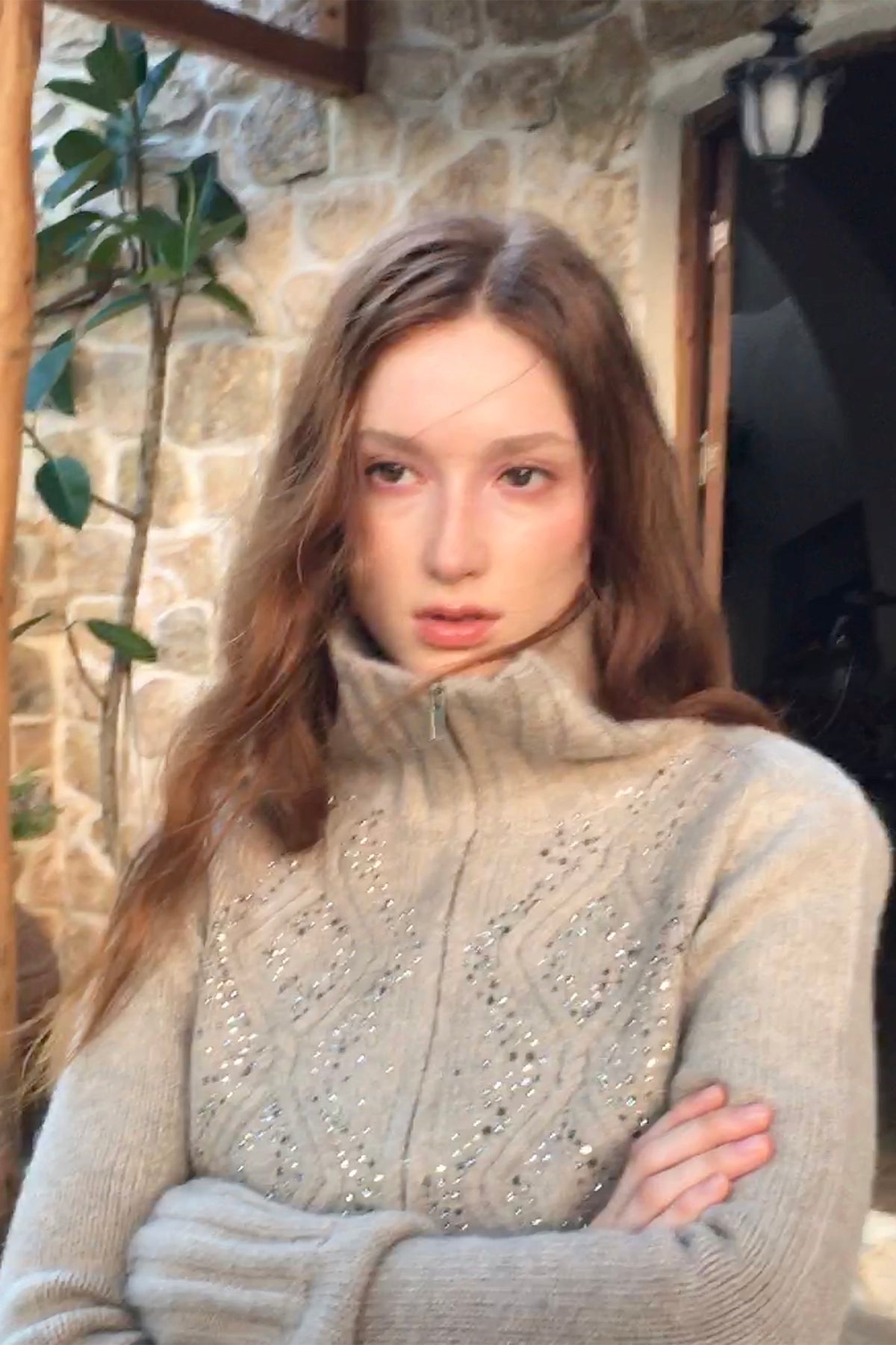 FAYCHUI Diamond Embroidered Ribbed Zip-Up Sweater