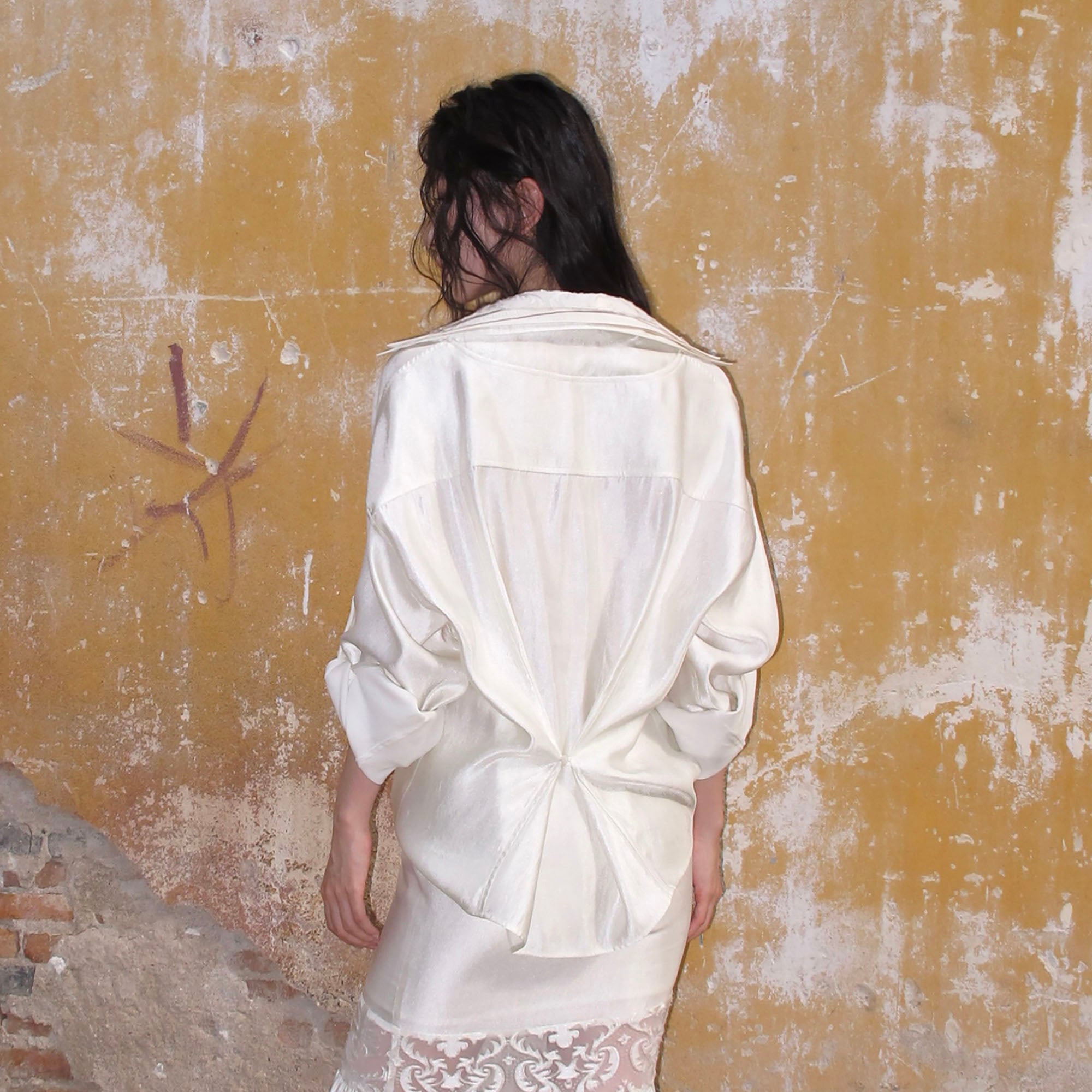 WHYNOTDANCE Layered V-Neck Lace-Trim Satin Shirt