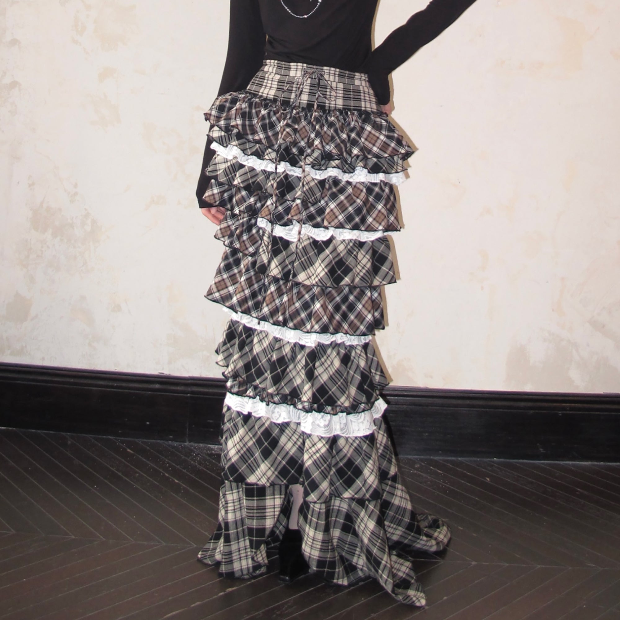 WHYNOTDANCE Layered Plaid Lace Ruffle Skirt