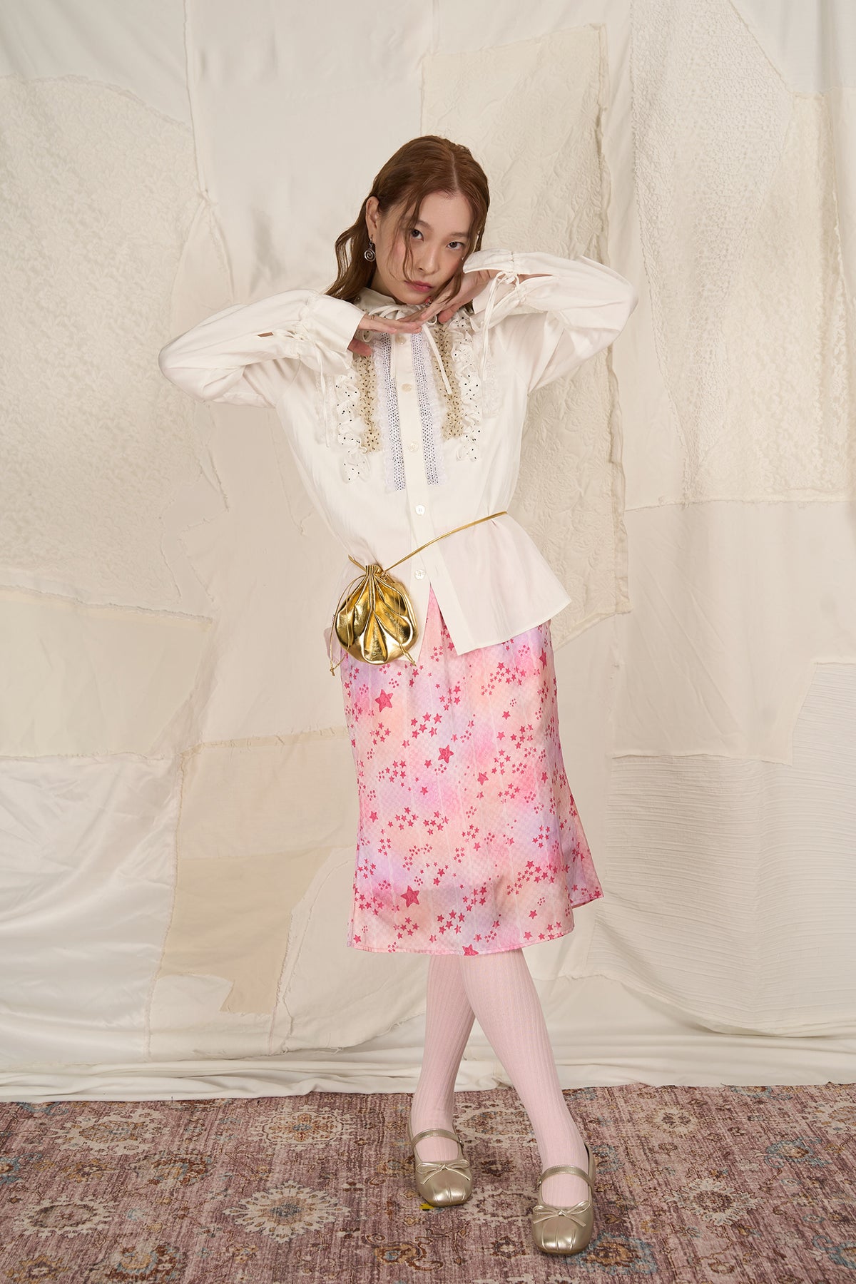 HSUSE Polka Dot Ruffle Trim Bow-Tie Shirt