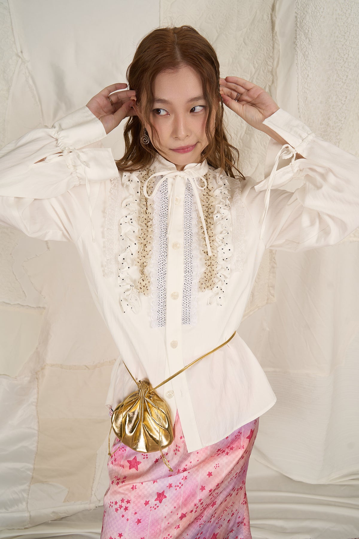 HSUSE Polka Dot Ruffle Trim Bow-Tie Shirt
