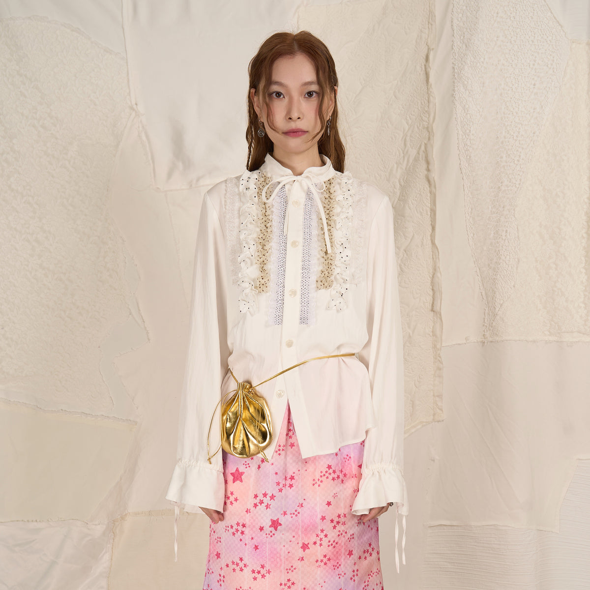 HSUSE Polka Dot Ruffle Trim Bow-Tie Shirt
