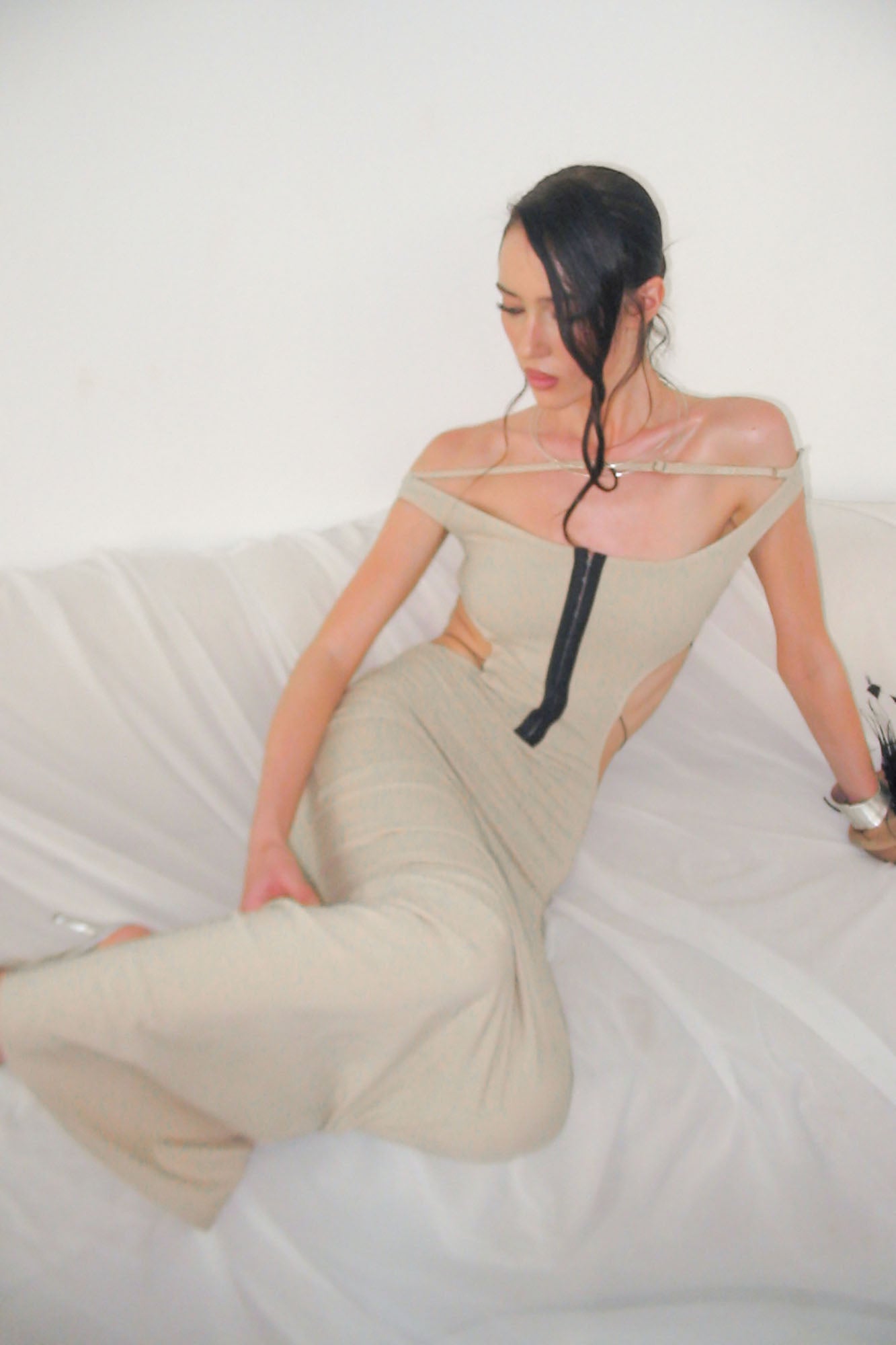 NEVER OFFEND L ANGEL Cross-Back Halter Bodycon Fishtail Dress Khaki