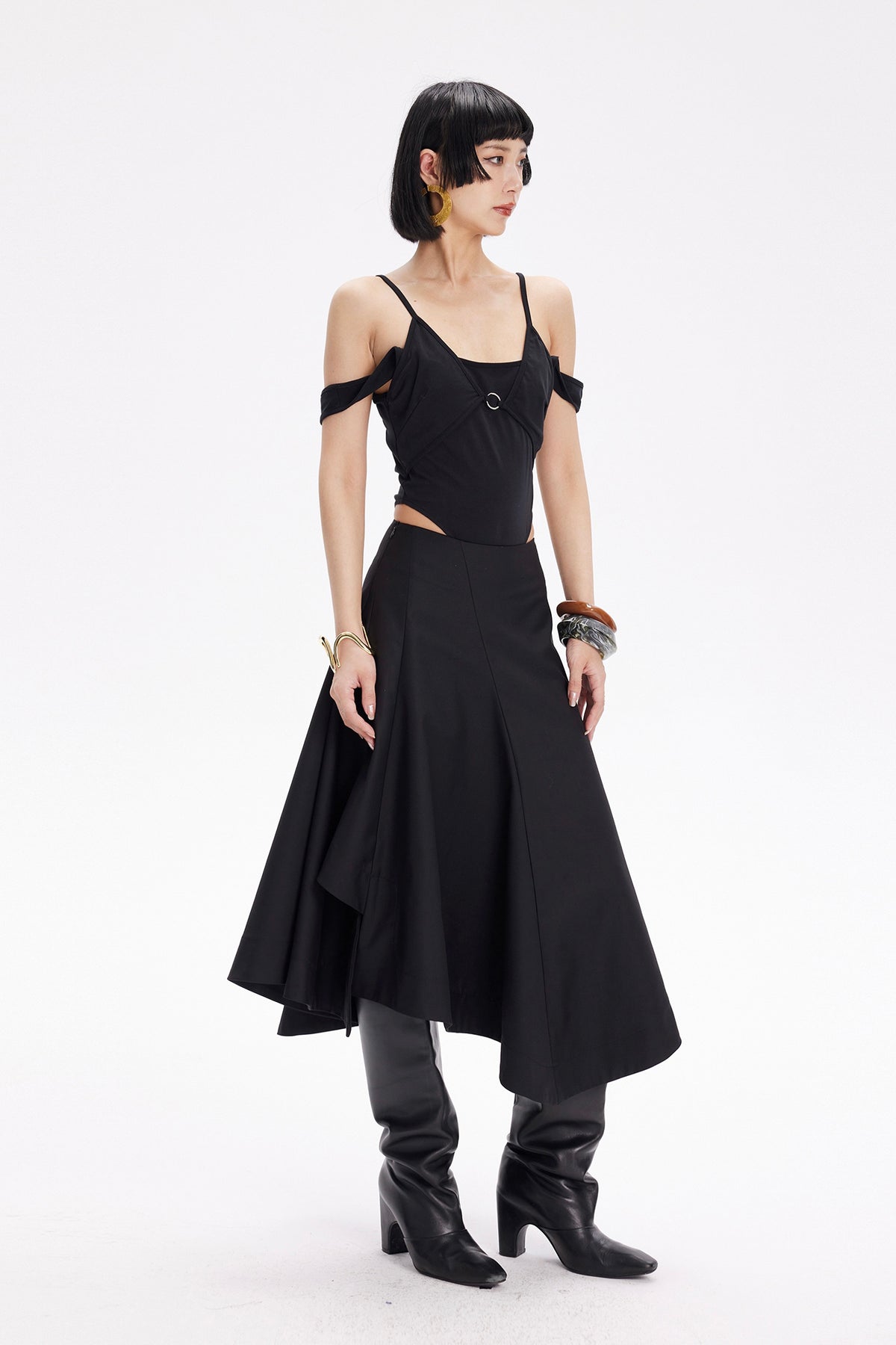 TINY IN STUDIO Asymmetrical Paneled Midi Skirt