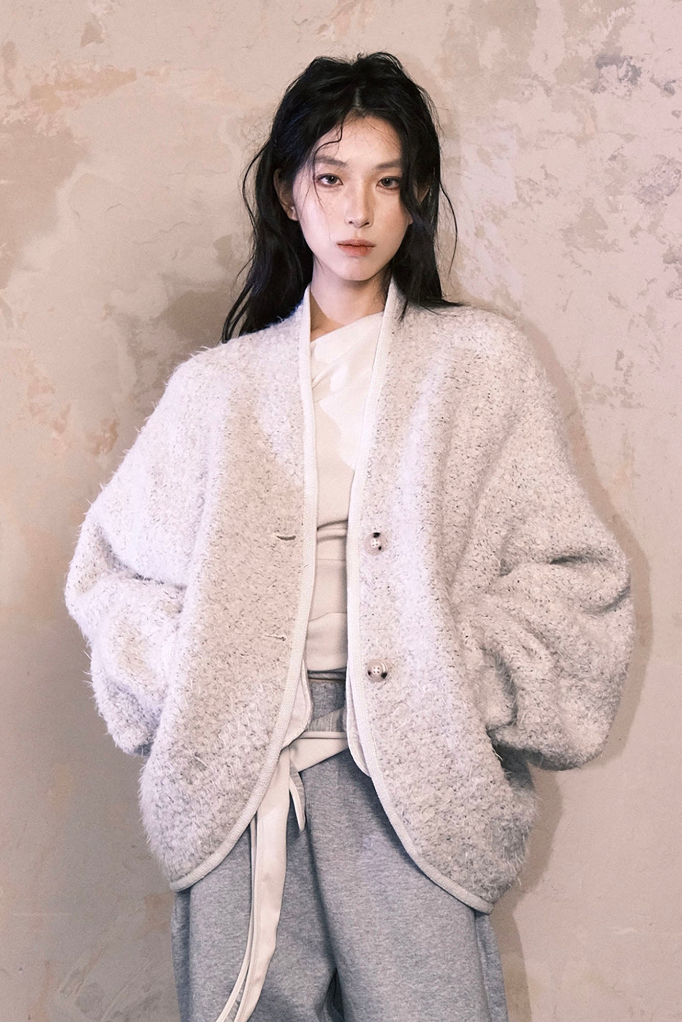 WHYNOTDANCE Bouclé Wool-Blend Slouchy Cardigan