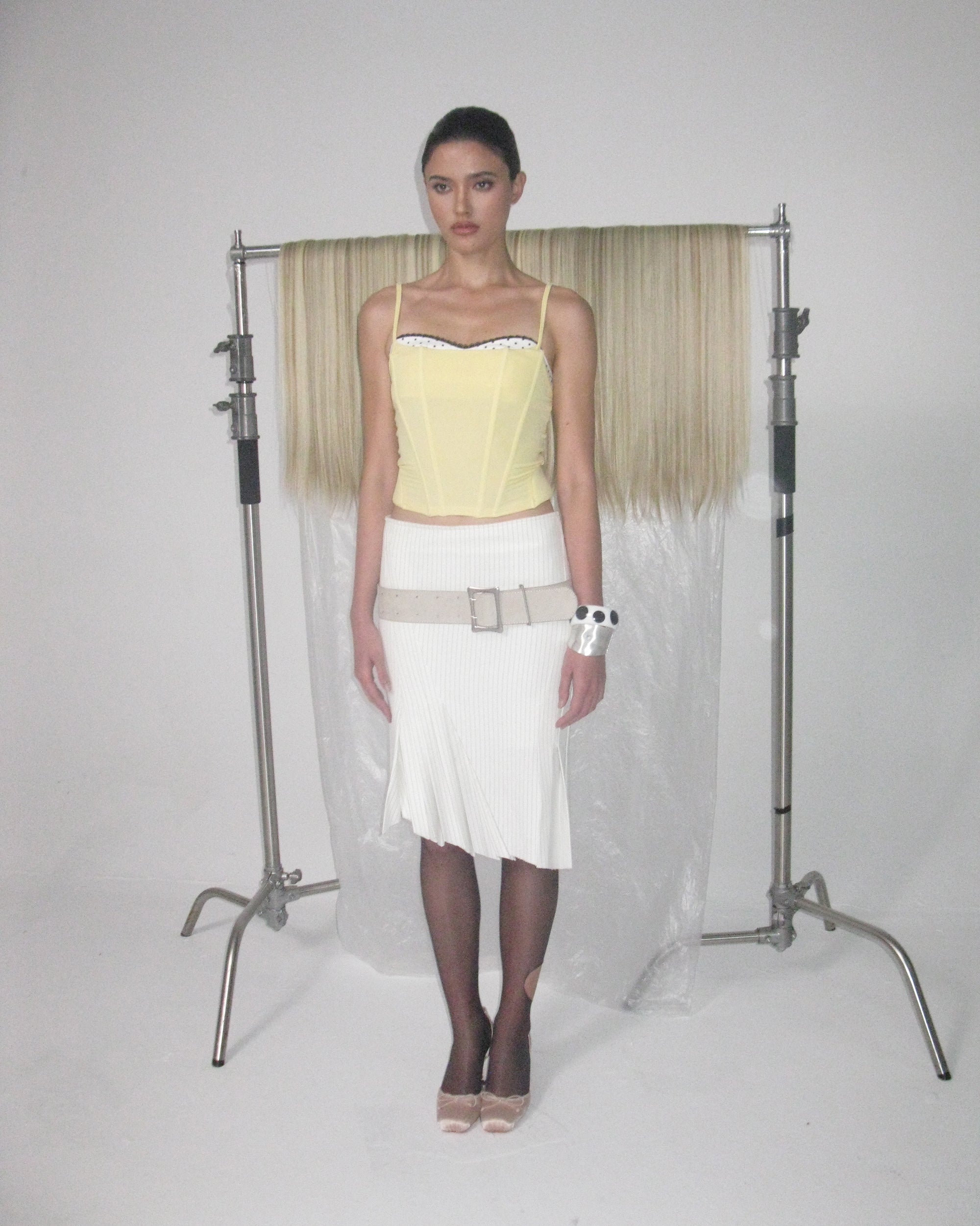 NEVER OFFEND L ANGEL Asymmetric Hem Stripe Double-Layer Pleated Skirt