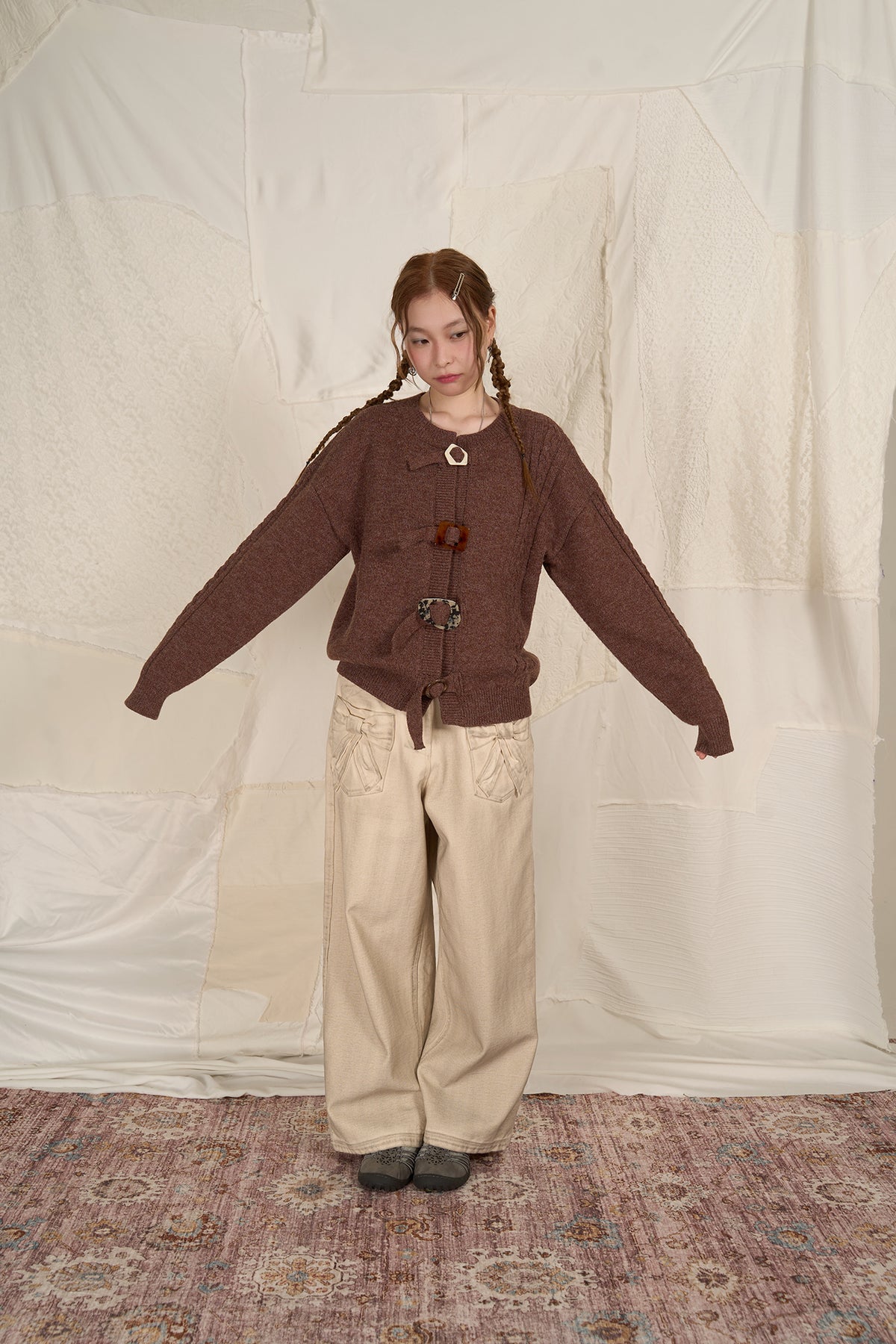 HSUSE Cable-Knit Buckle-Strap Cardigan