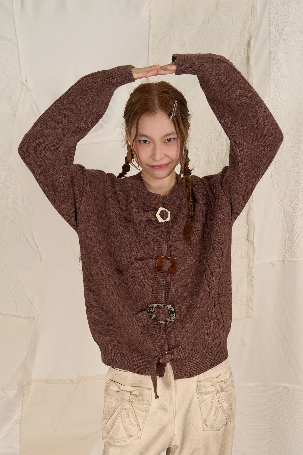 HSUSE Cable-Knit Buckle-Strap Cardigan
