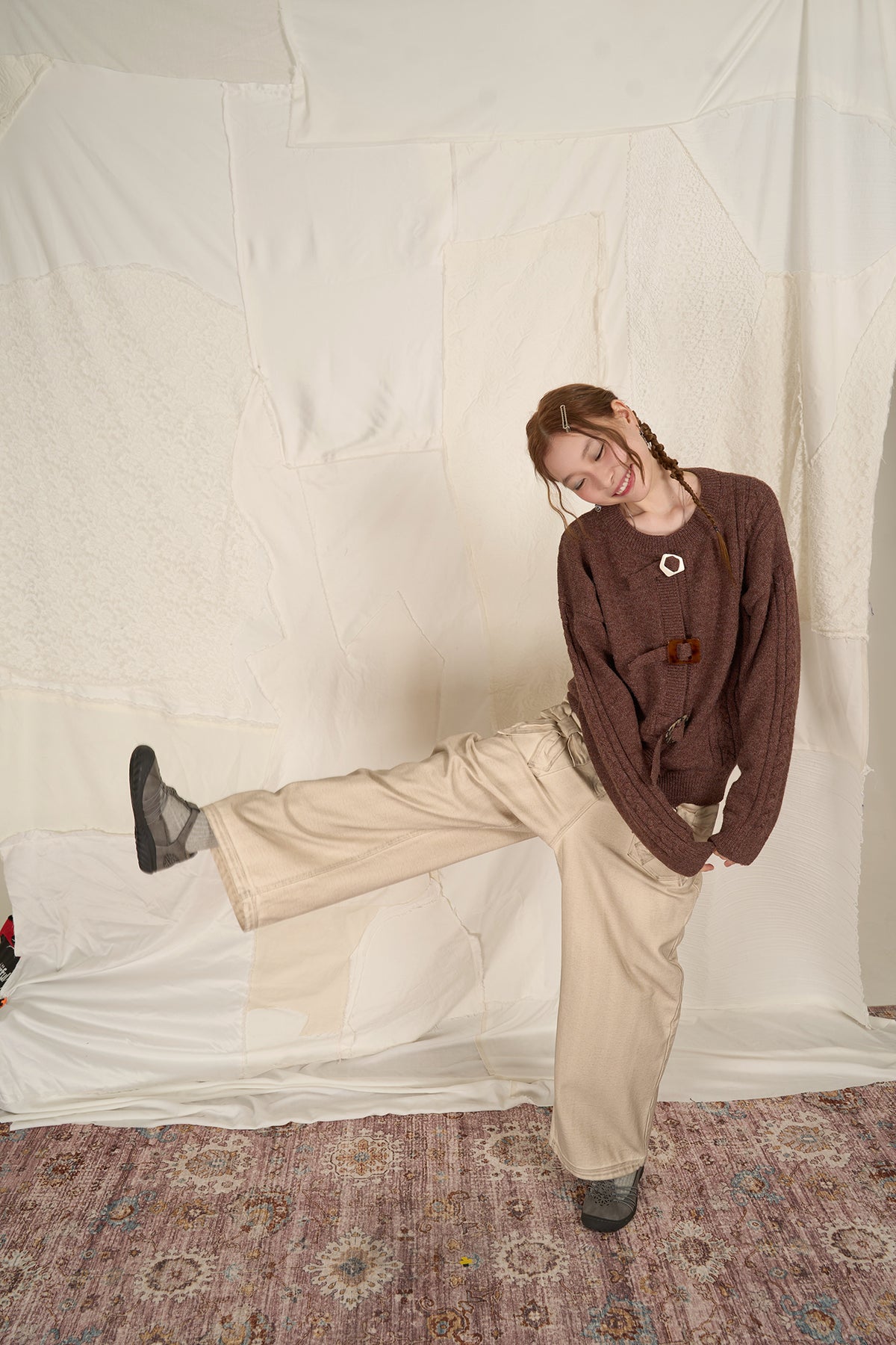 HSUSE Cable-Knit Buckle-Strap Cardigan