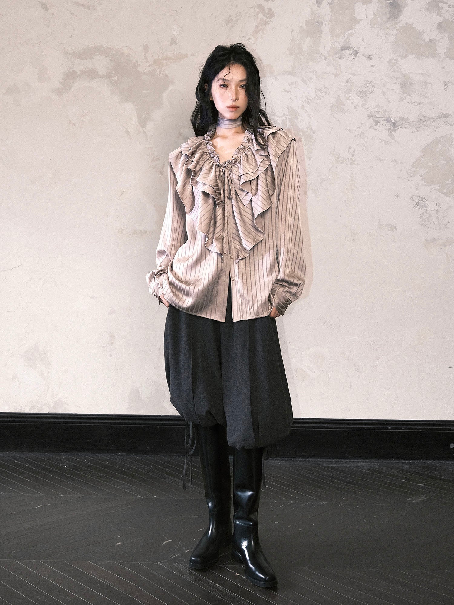 WHYNOTDANCE Ruffled Striped Detachable Shoulder Pads Blouse