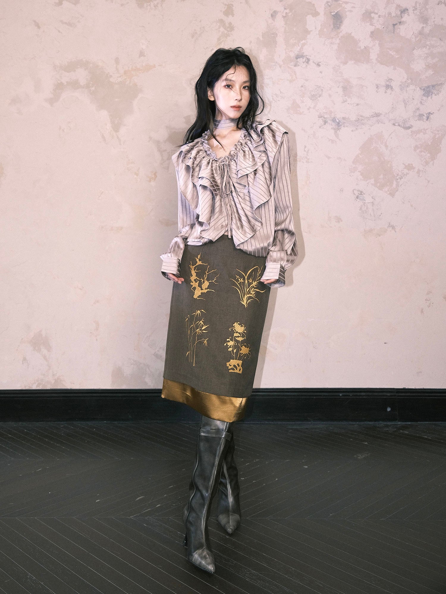 WHYNOTDANCE Ruffled Striped Detachable Shoulder Pads Blouse