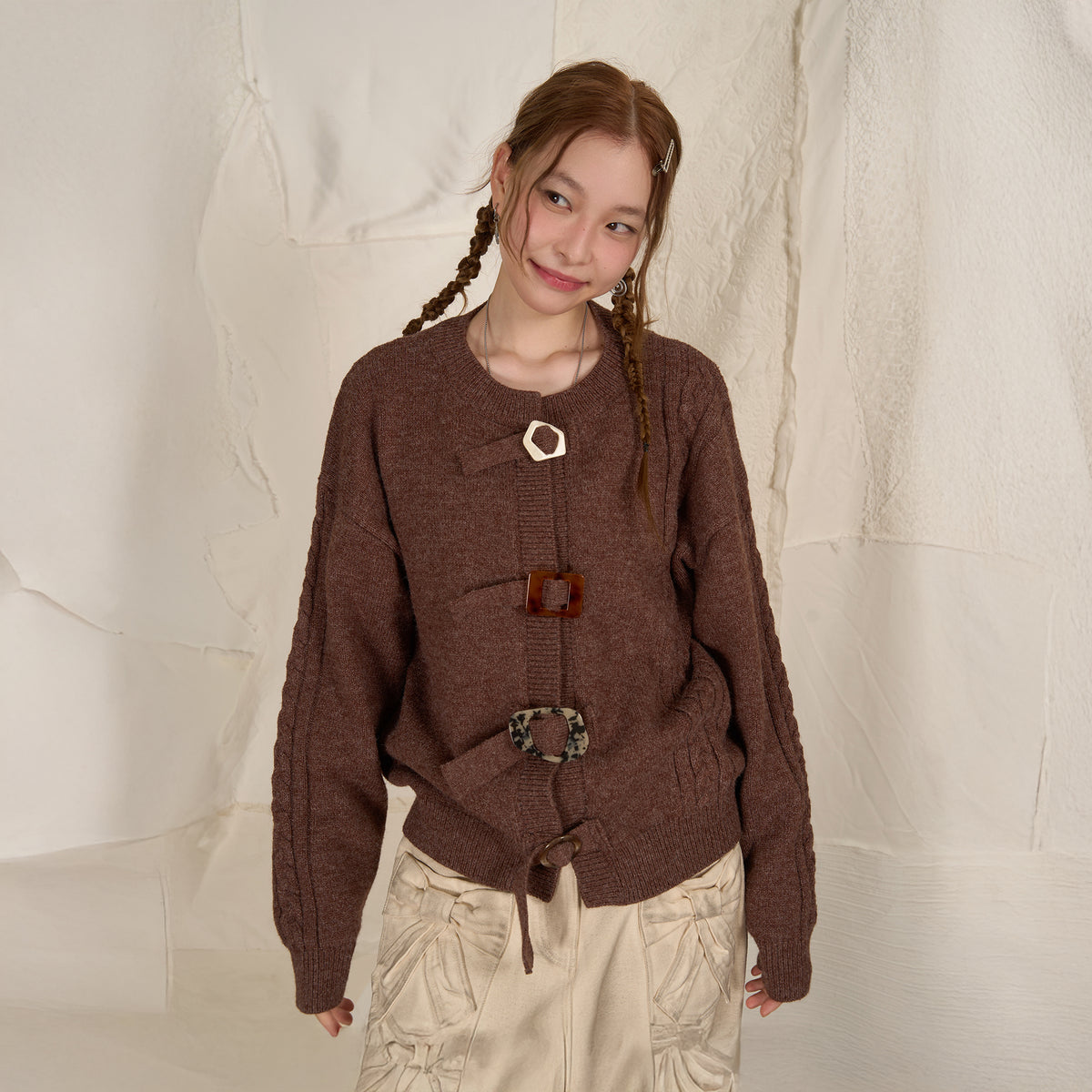 HSUSE Cable-Knit Buckle-Strap Cardigan