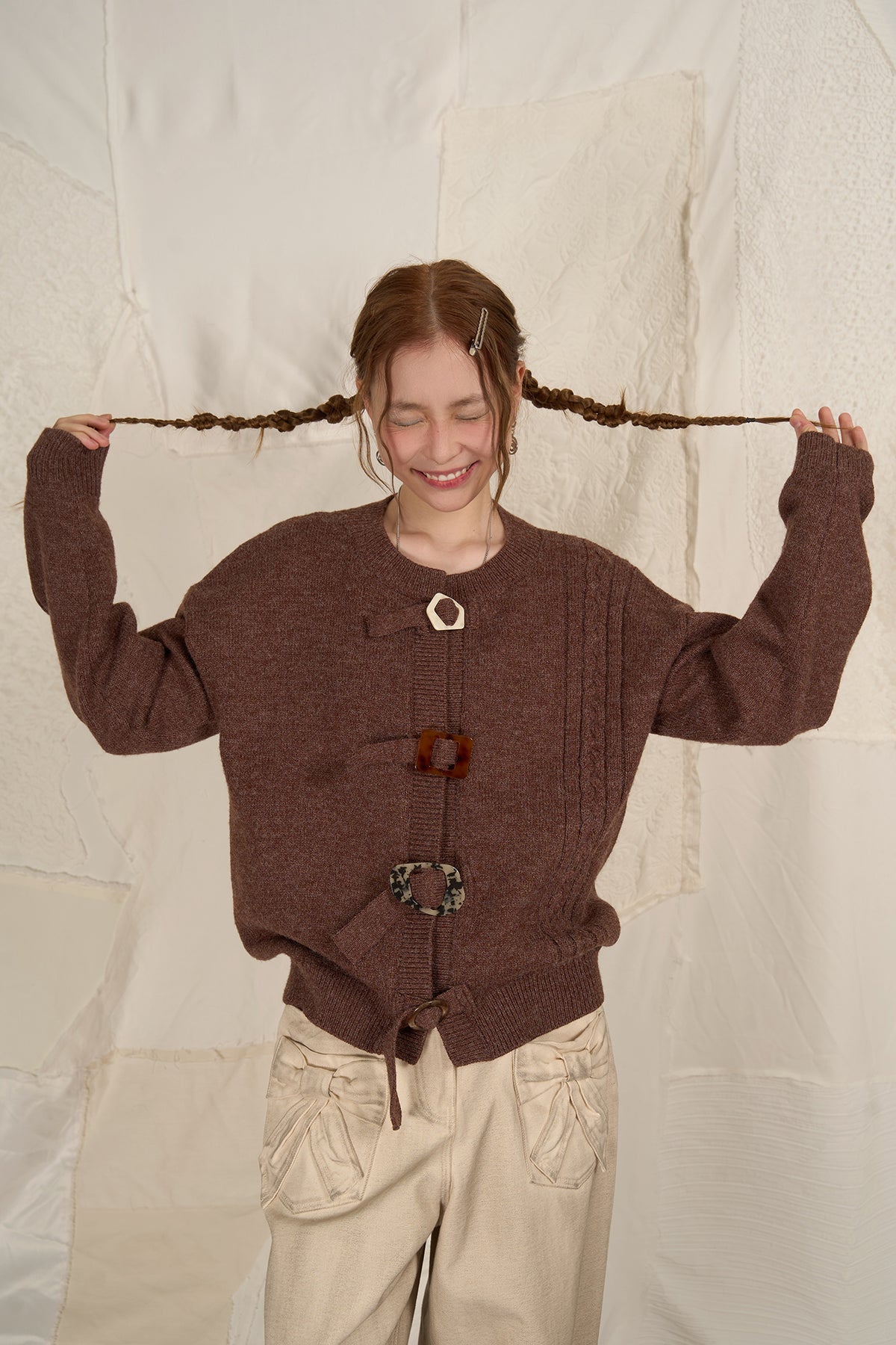 HSUSE Cable-Knit Buckle-Strap Cardigan