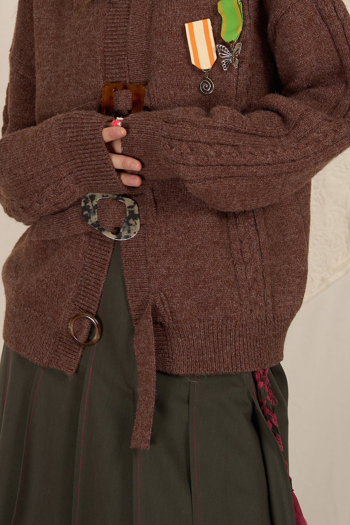 HSUSE Cable-Knit Buckle-Strap Cardigan