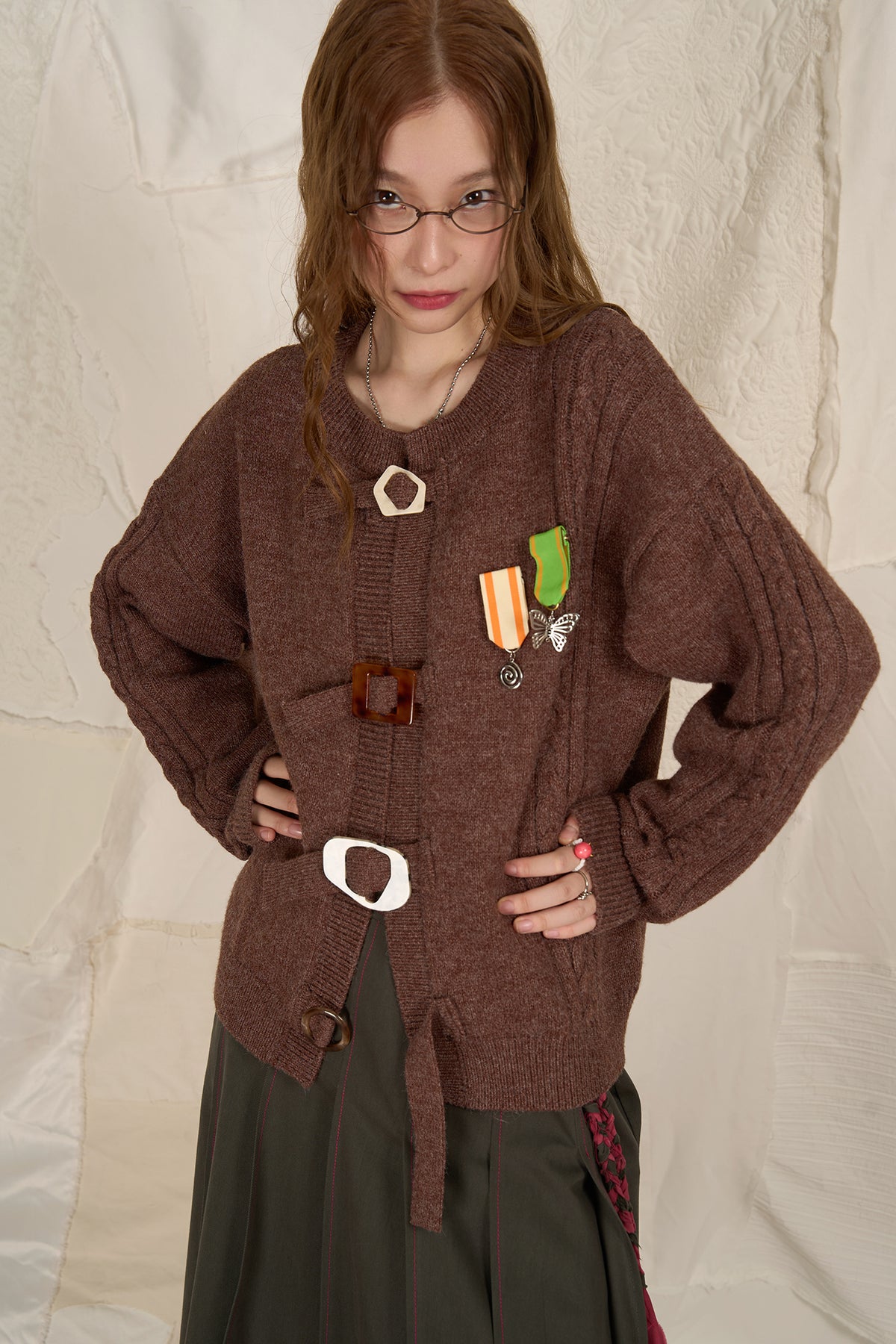 HSUSE Cable-Knit Buckle-Strap Cardigan