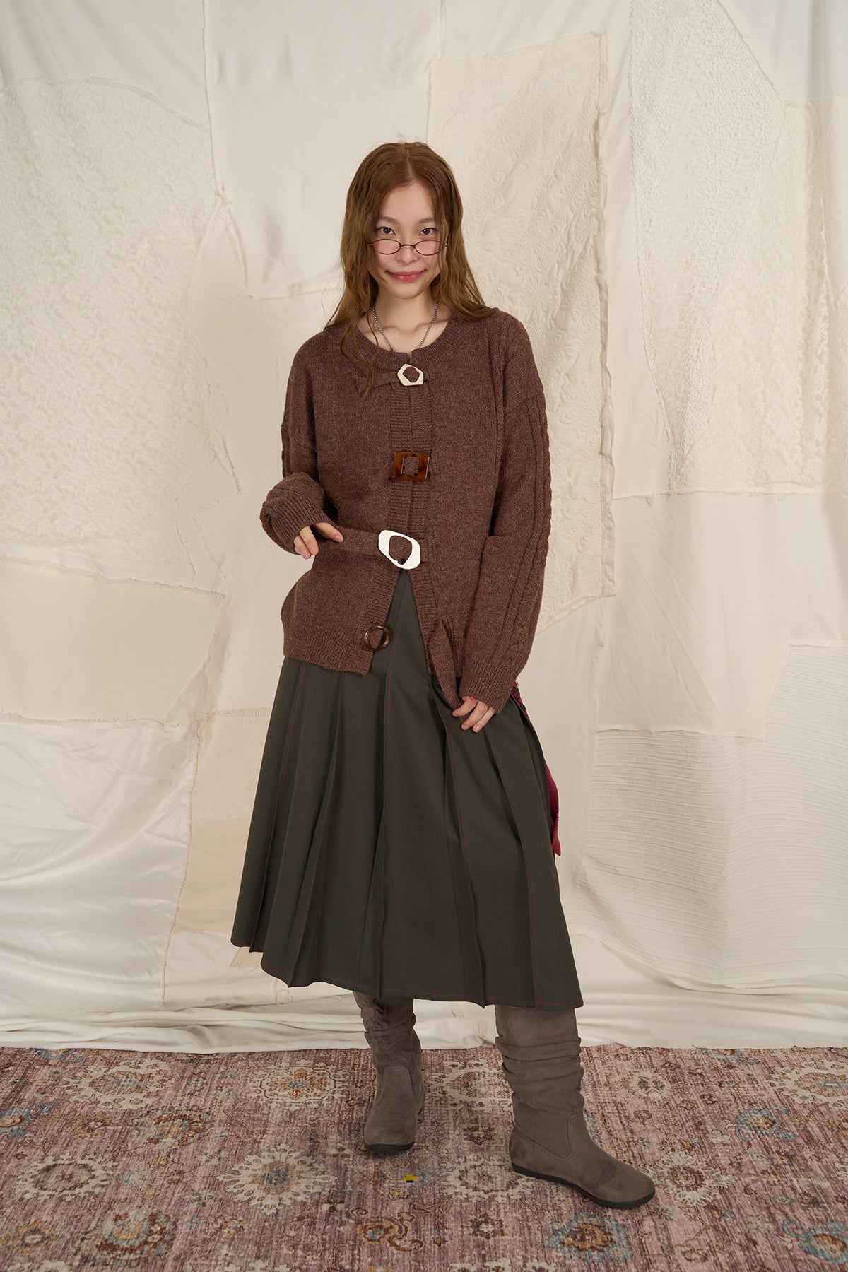 HSUSE Cable-Knit Buckle-Strap Cardigan
