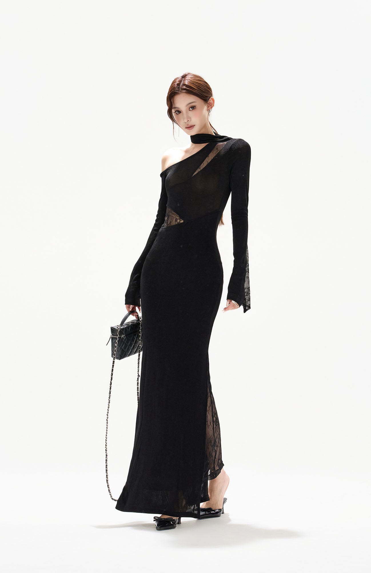 CYGNENOYR Asymmetrical Lace-Paneled Cut-Out Maxi Dress