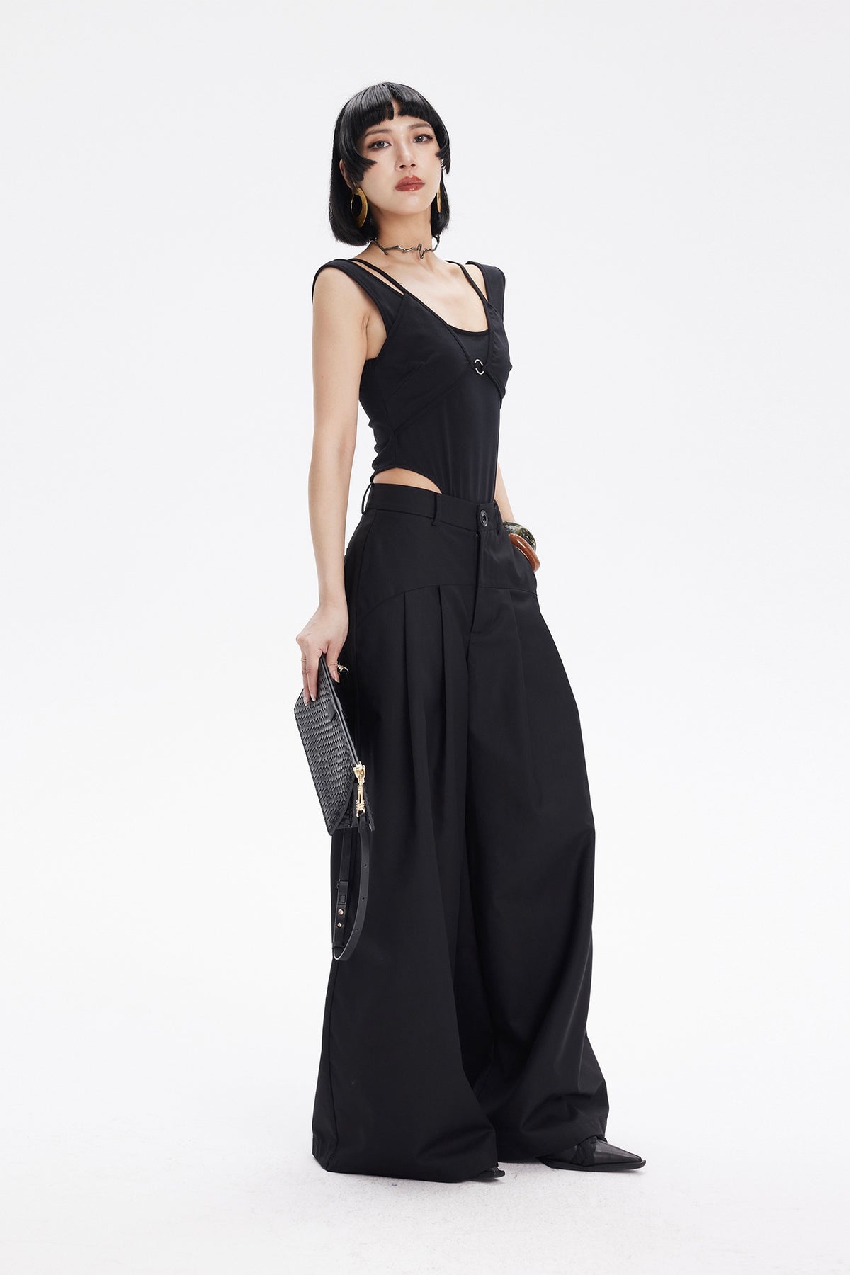 TINY IN STUDIO Curved Paneled Pleated Wide-Leg Pants