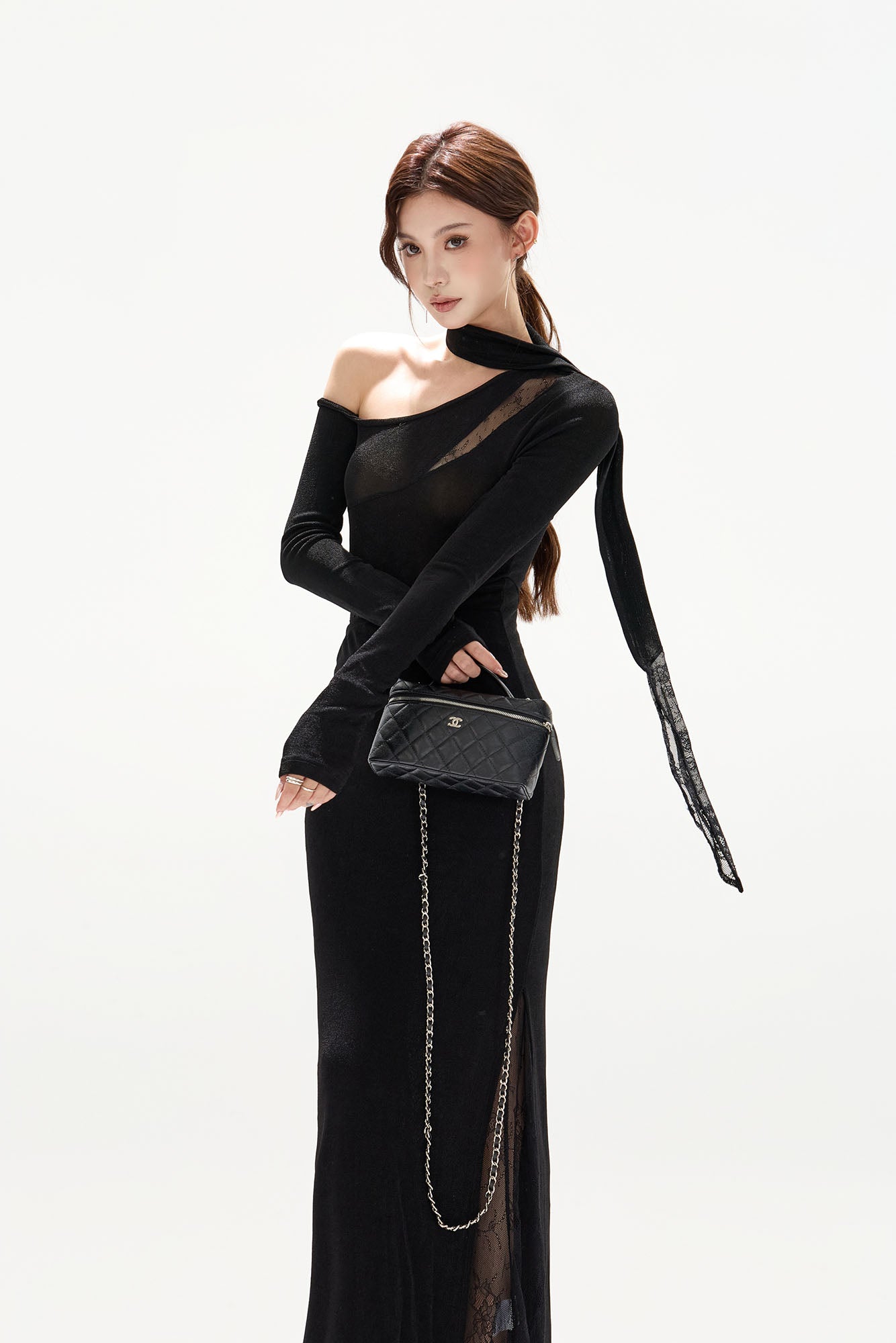 CYGNENOYR Asymmetrical Lace-Paneled Cut-Out Maxi Dress