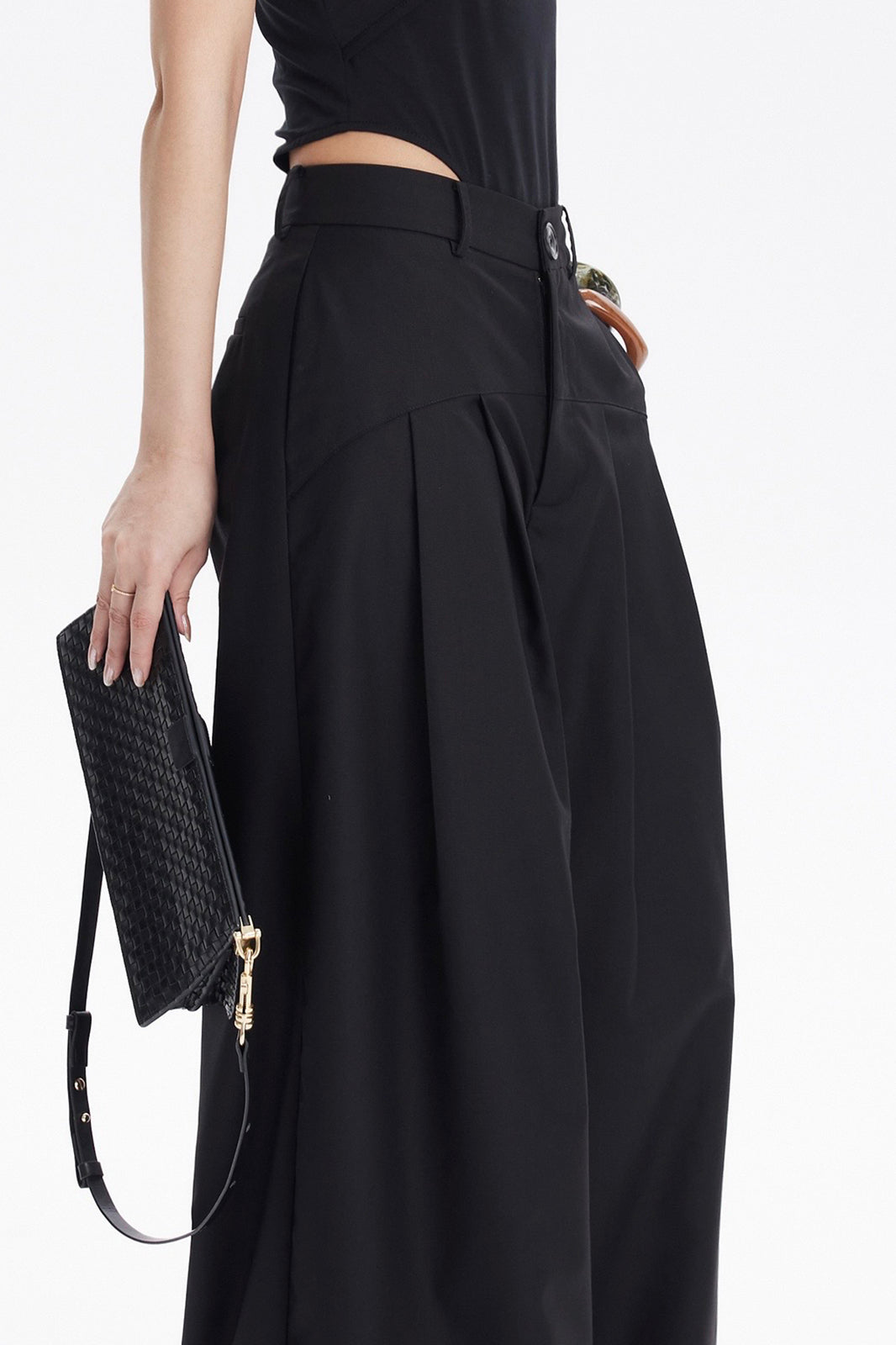 TINY IN STUDIO Curved Paneled Pleated Wide-Leg Pants