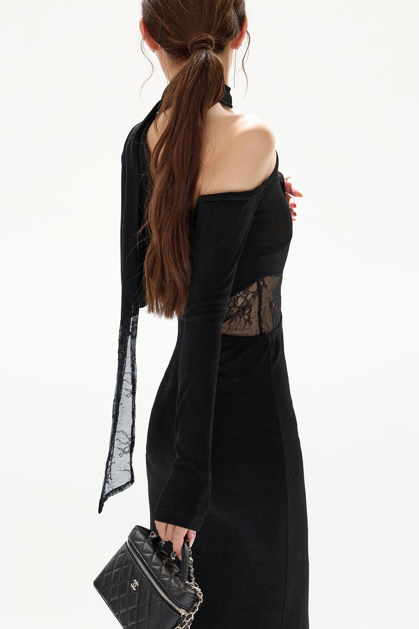 CYGNENOYR Asymmetrical Lace-Paneled Cut-Out Maxi Dress