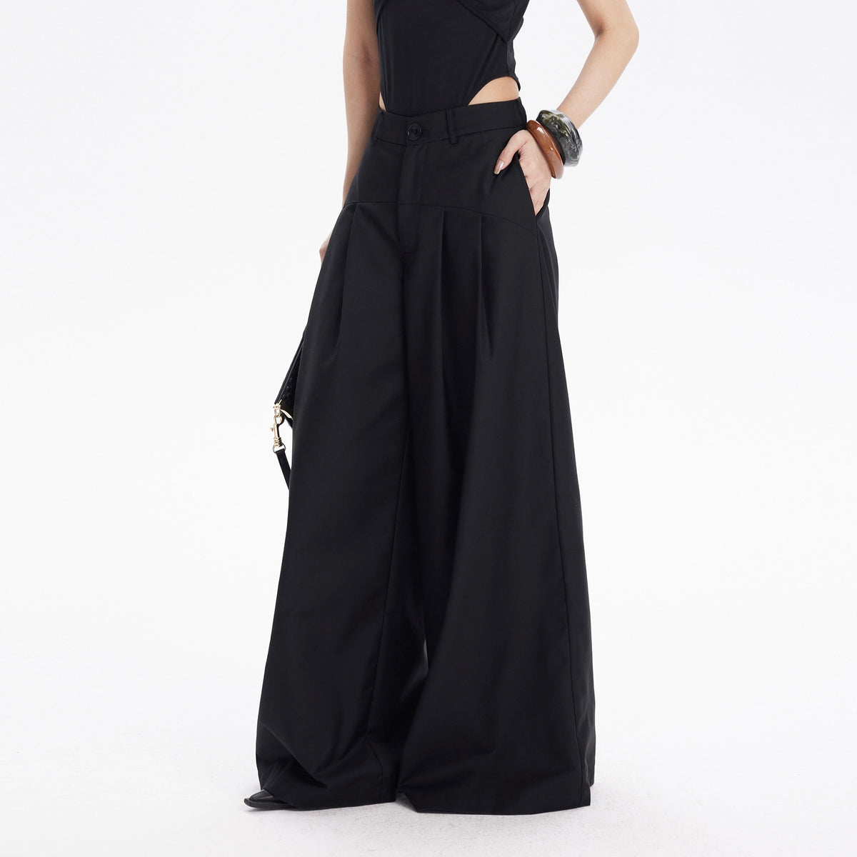 TINY IN STUDIO Curved Paneled Pleated Wide-Leg Pants