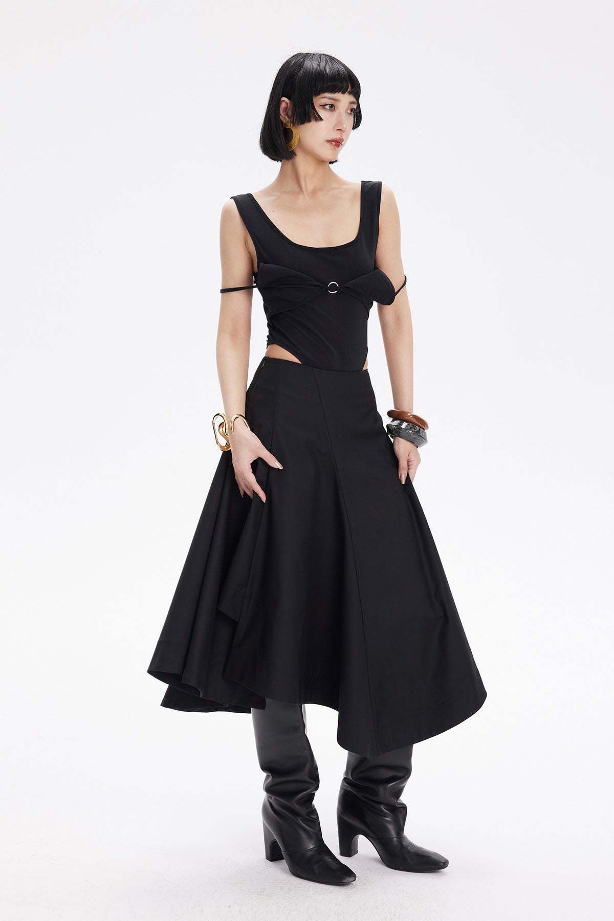 TINY IN STUDIO Asymmetrical Paneled Midi Skirt