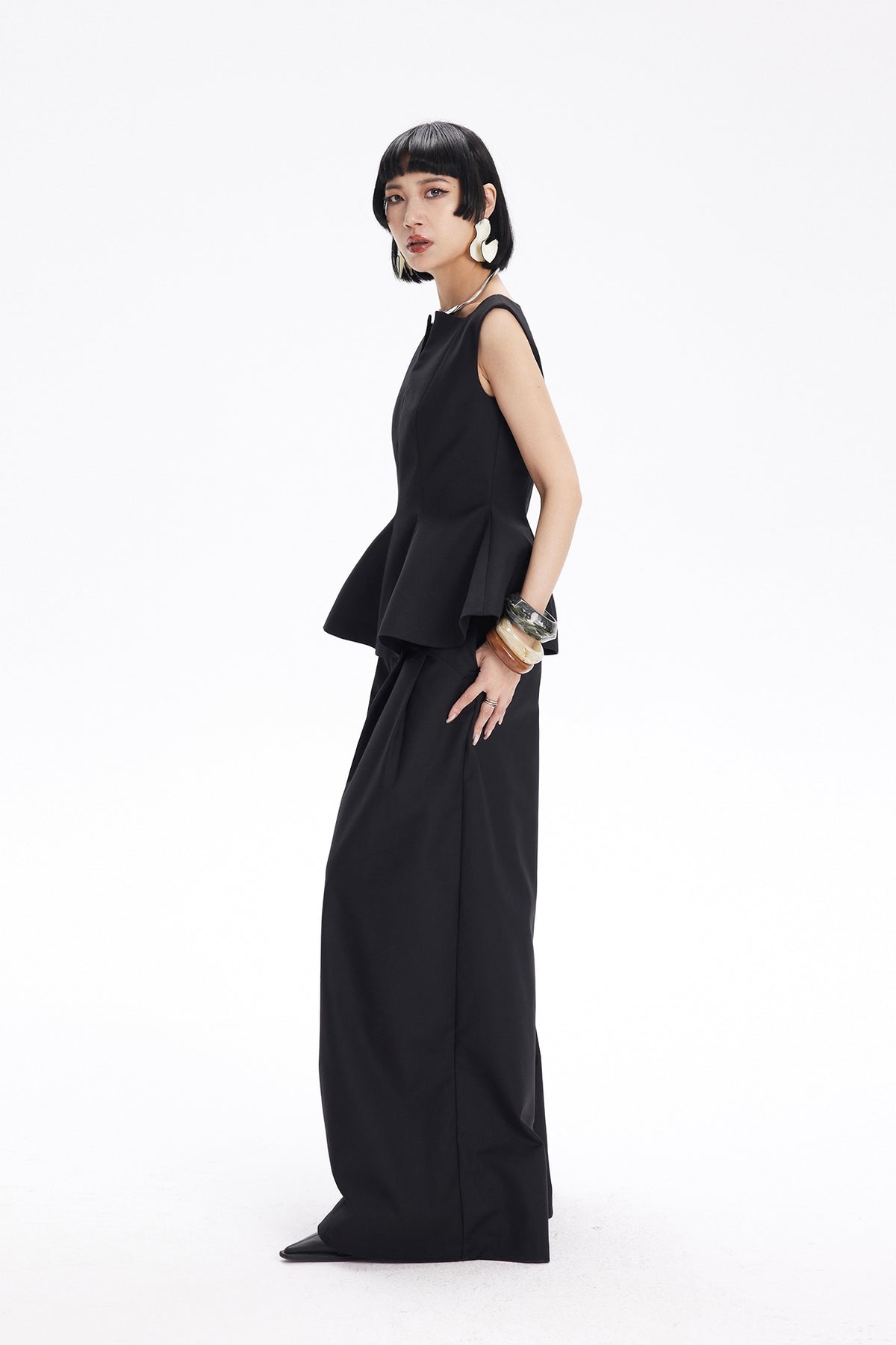 TINY IN STUDIO Curved Paneled Pleated Wide-Leg Pants