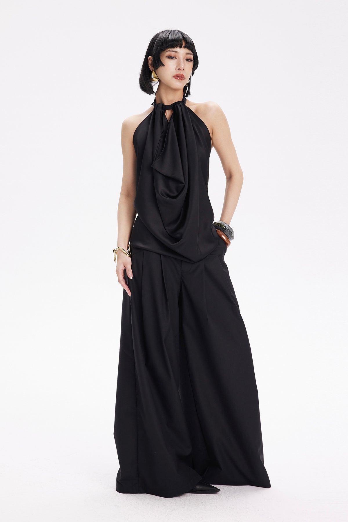 TINY IN STUDIO Draped Tie Halter Tank Top