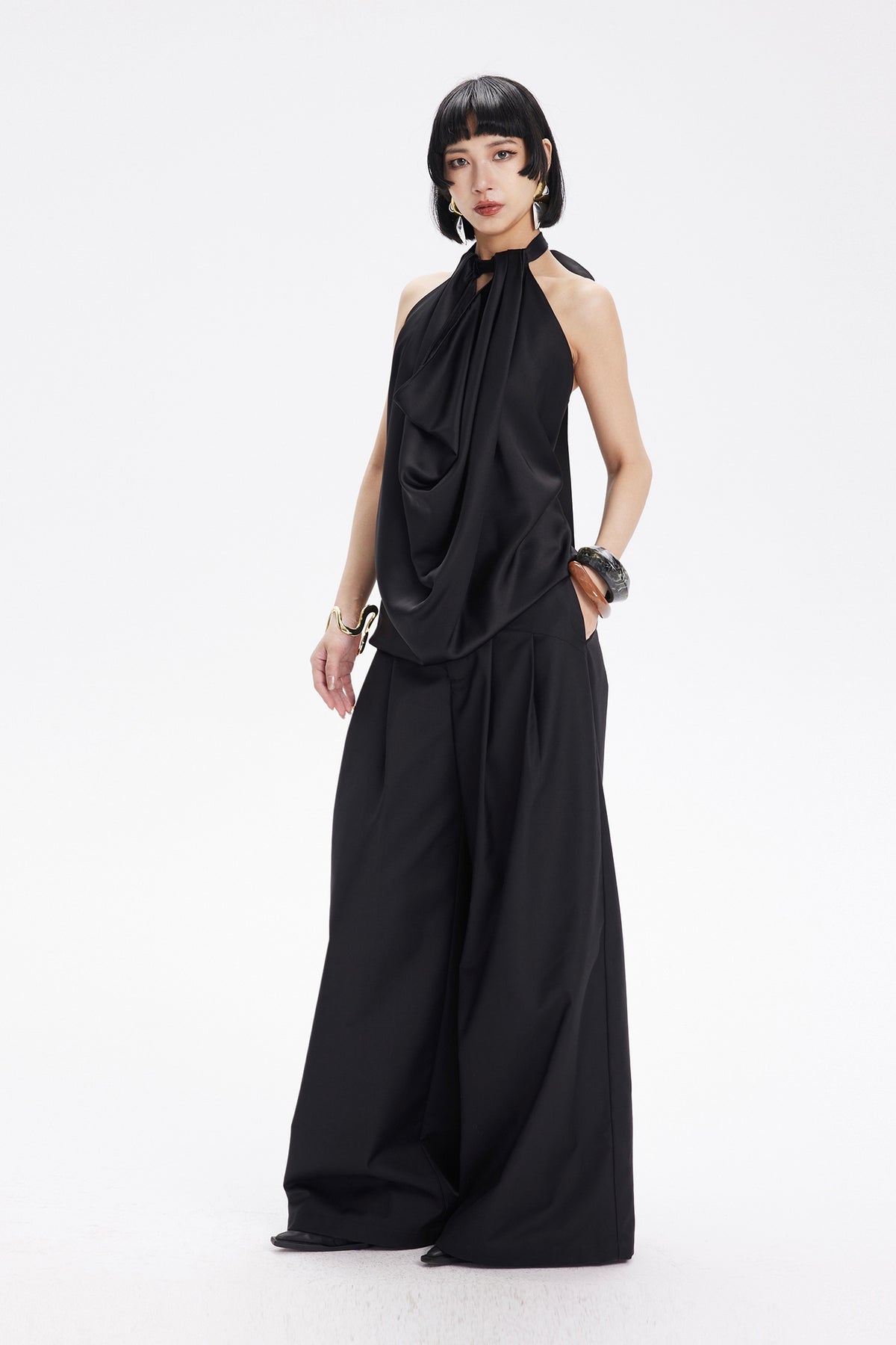 TINY IN STUDIO Curved Paneled Pleated Wide-Leg Pants