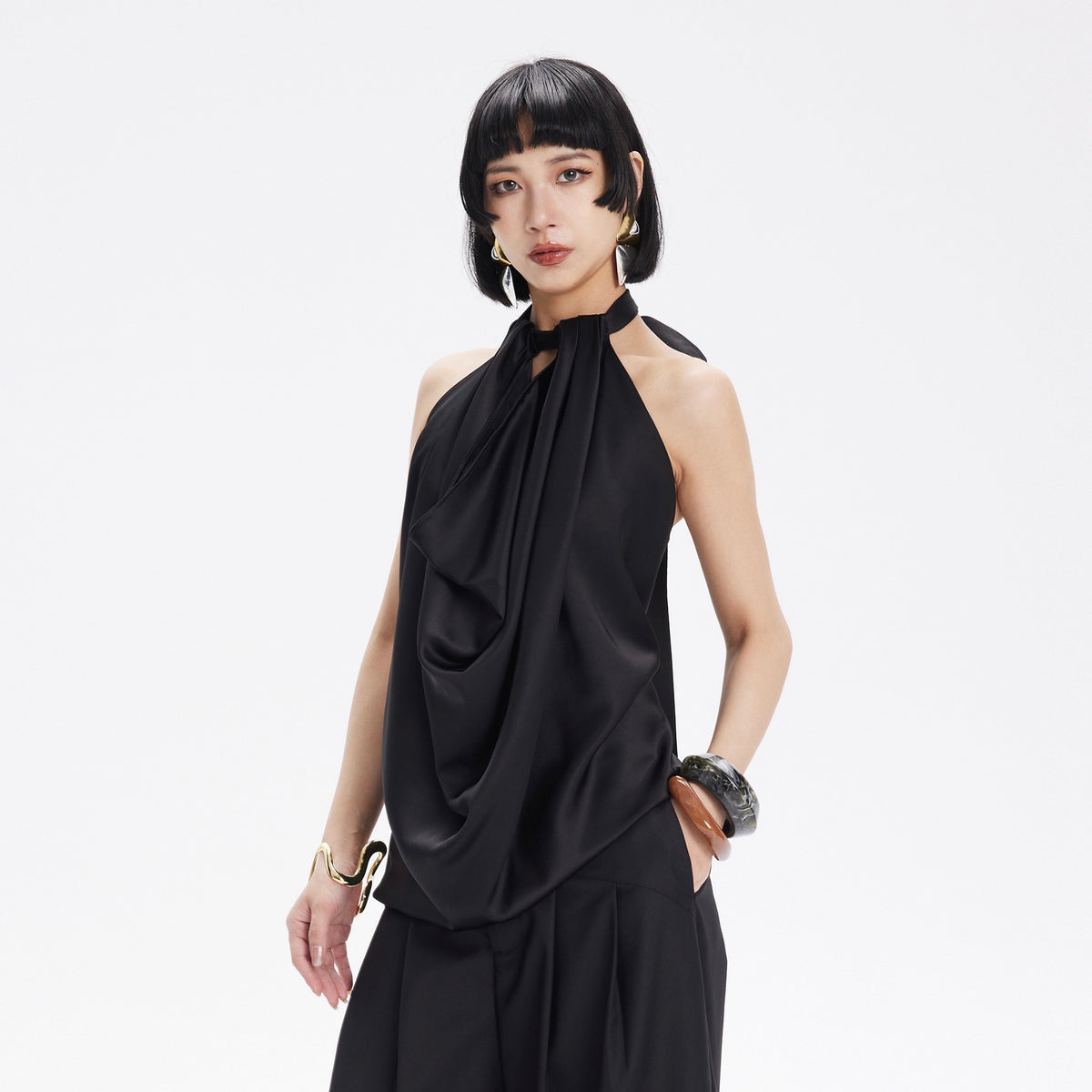 TINY IN STUDIO Draped Tie Halter Tank Top