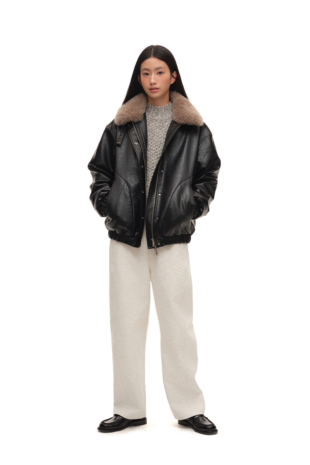 CHICCHICK Detachable Wool Collar Faux Leather Jacket
