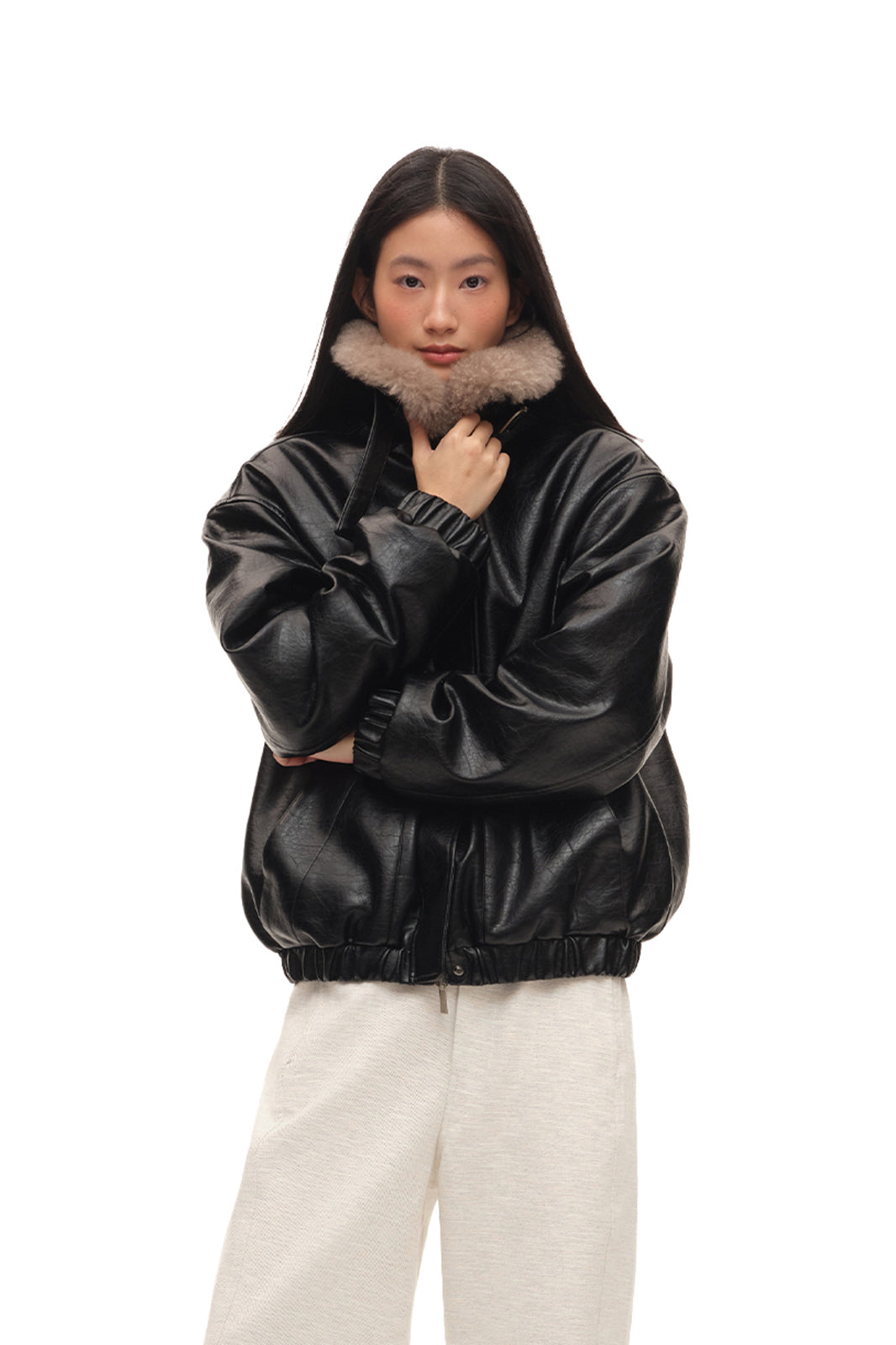 CHICCHICK Detachable Wool Collar Faux Leather Jacket