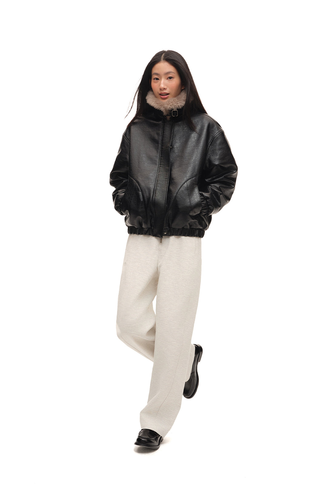 CHICCHICK Detachable Wool Collar Faux Leather Jacket