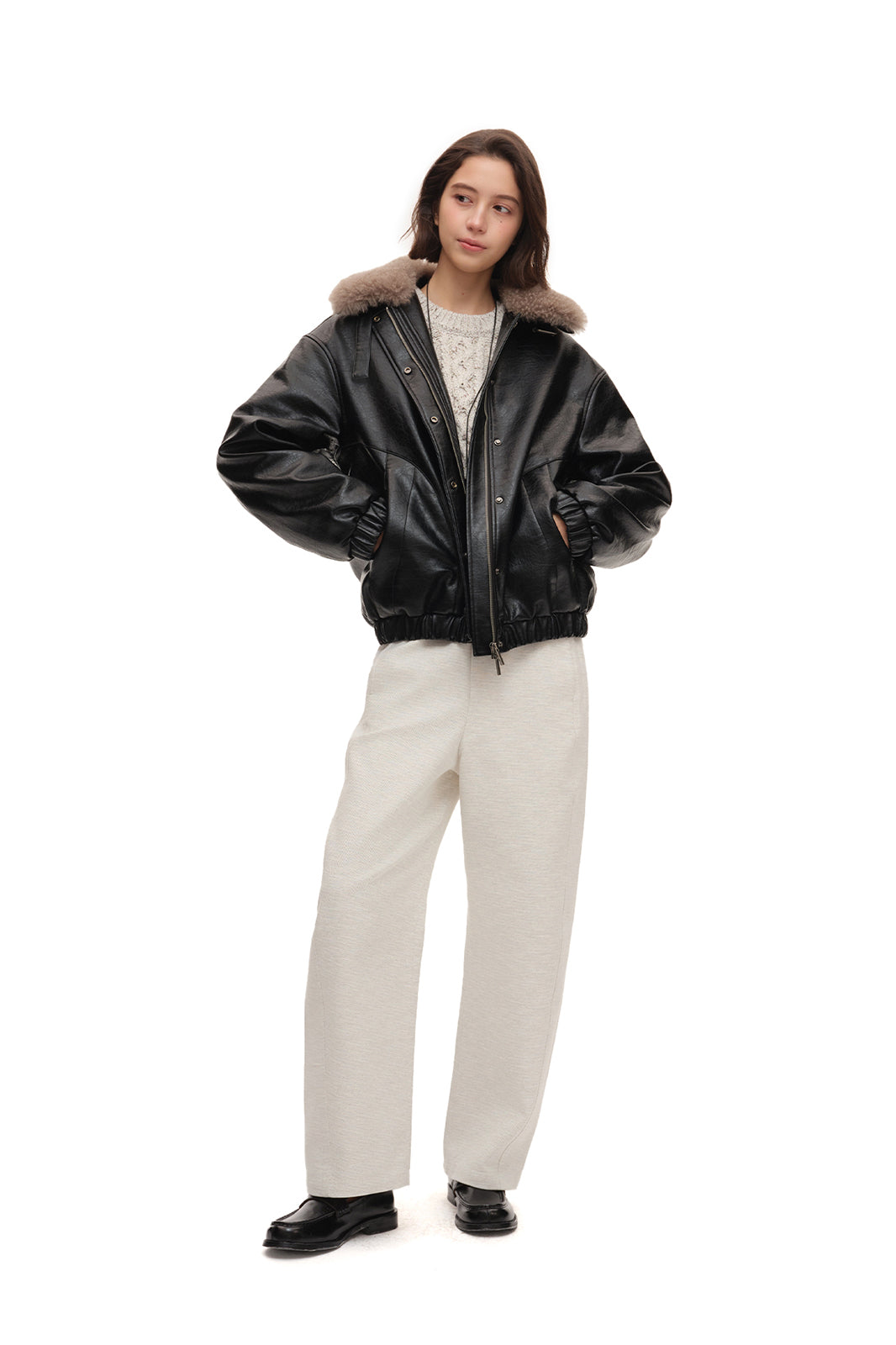 CHICCHICK Detachable Wool Collar Faux Leather Jacket
