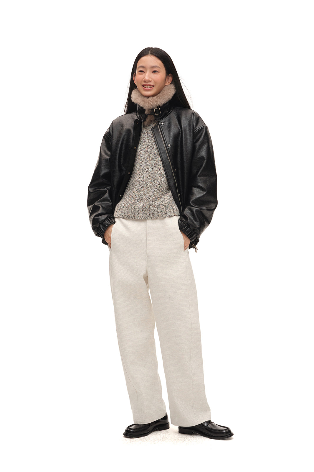 CHICCHICK Detachable Wool Collar Faux Leather Jacket