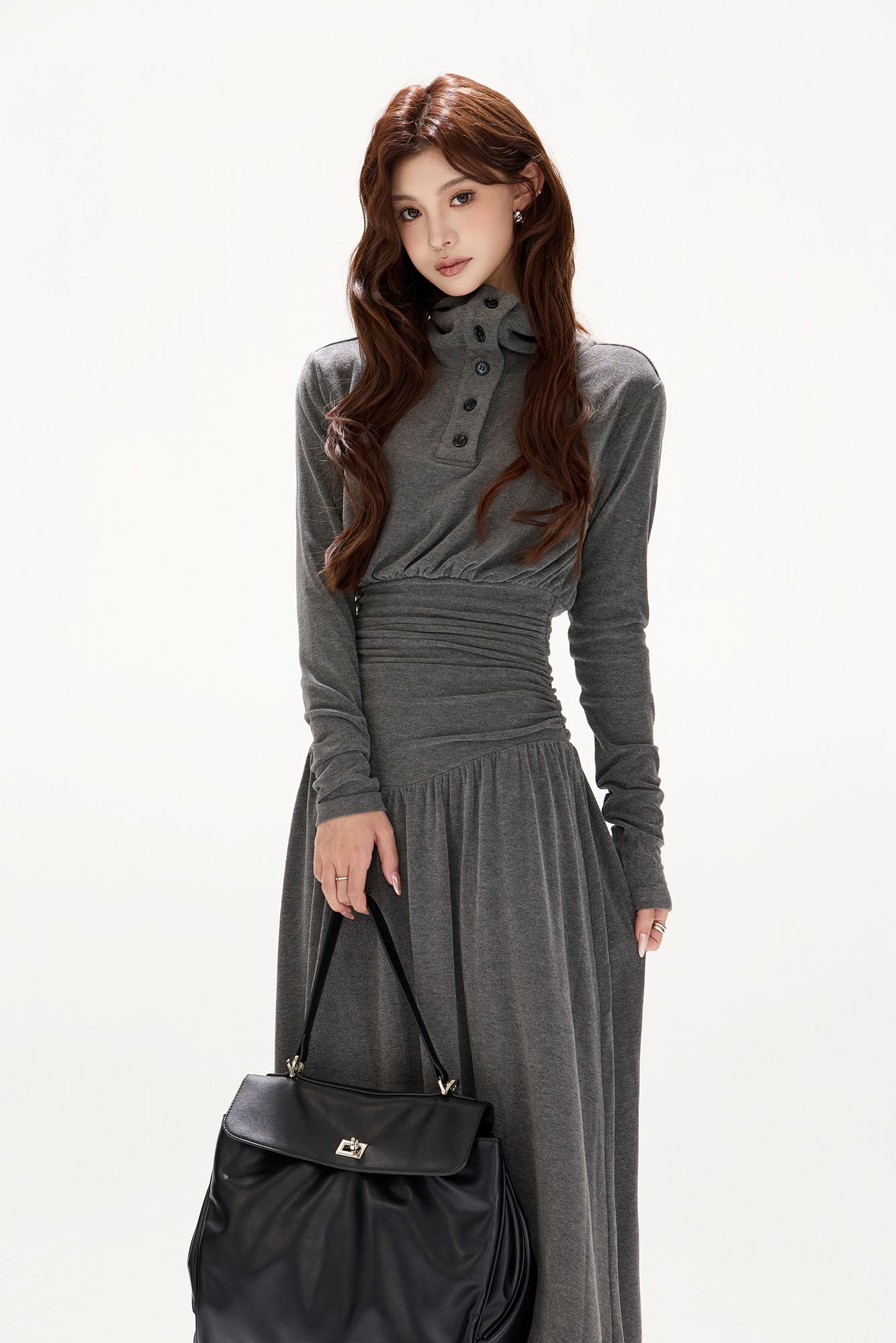 CYGNENOYR Ruched High-Neck Paneled Maxi Dress