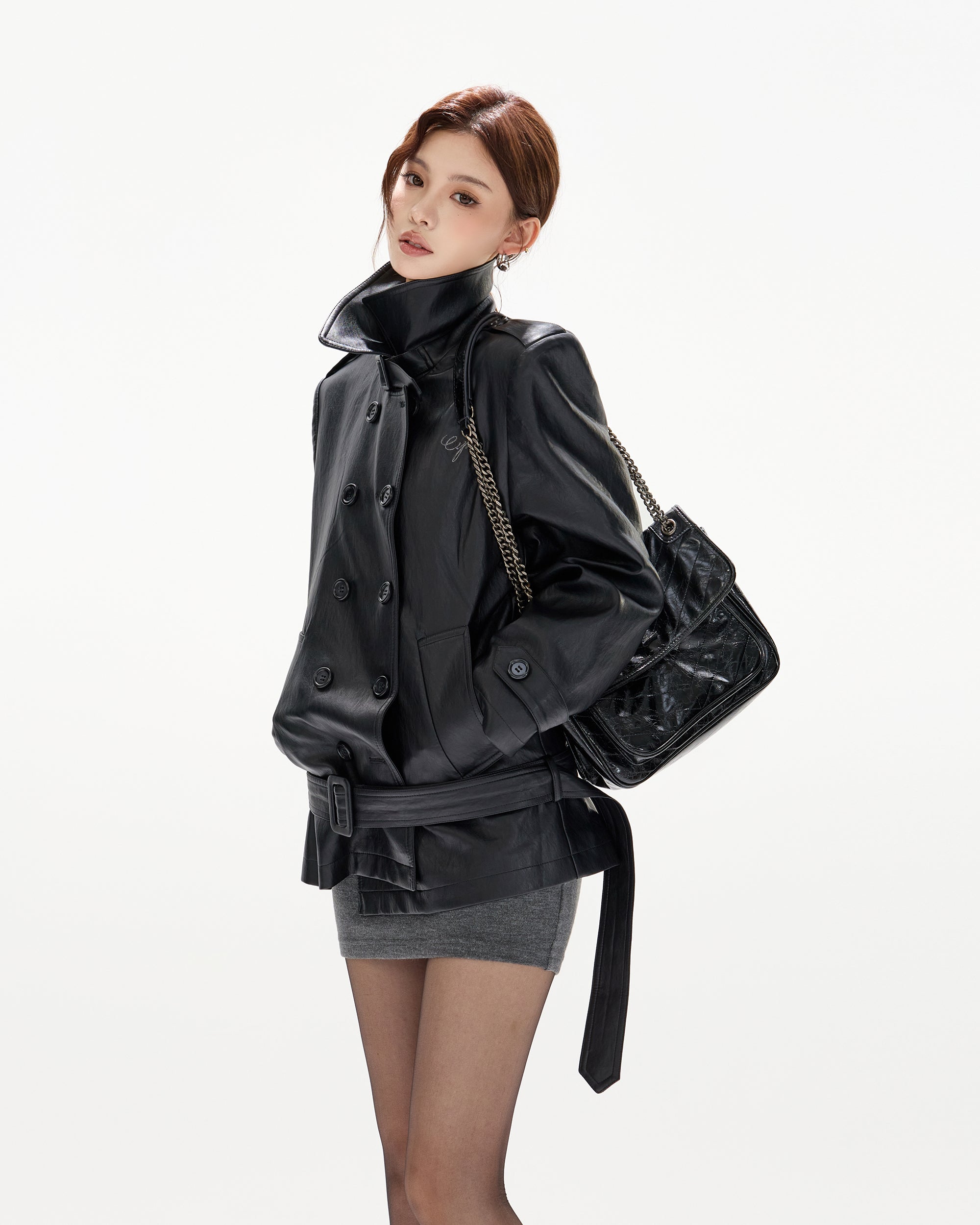 CYGNENOYR Modern Double-Breasted Belted Faux Leather Jacket