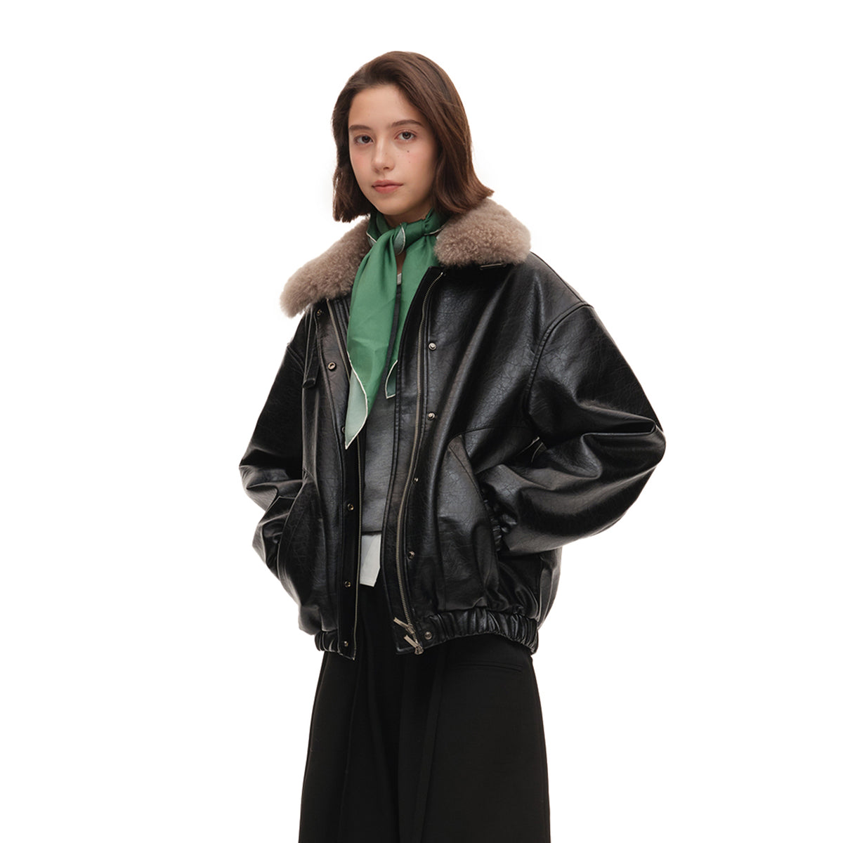 CHICCHICK Detachable Wool Collar Faux Leather Jacket