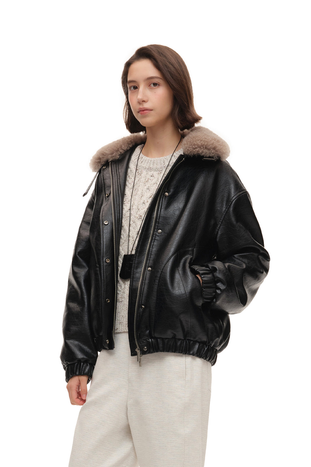 CHICCHICK Detachable Wool Collar Faux Leather Jacket