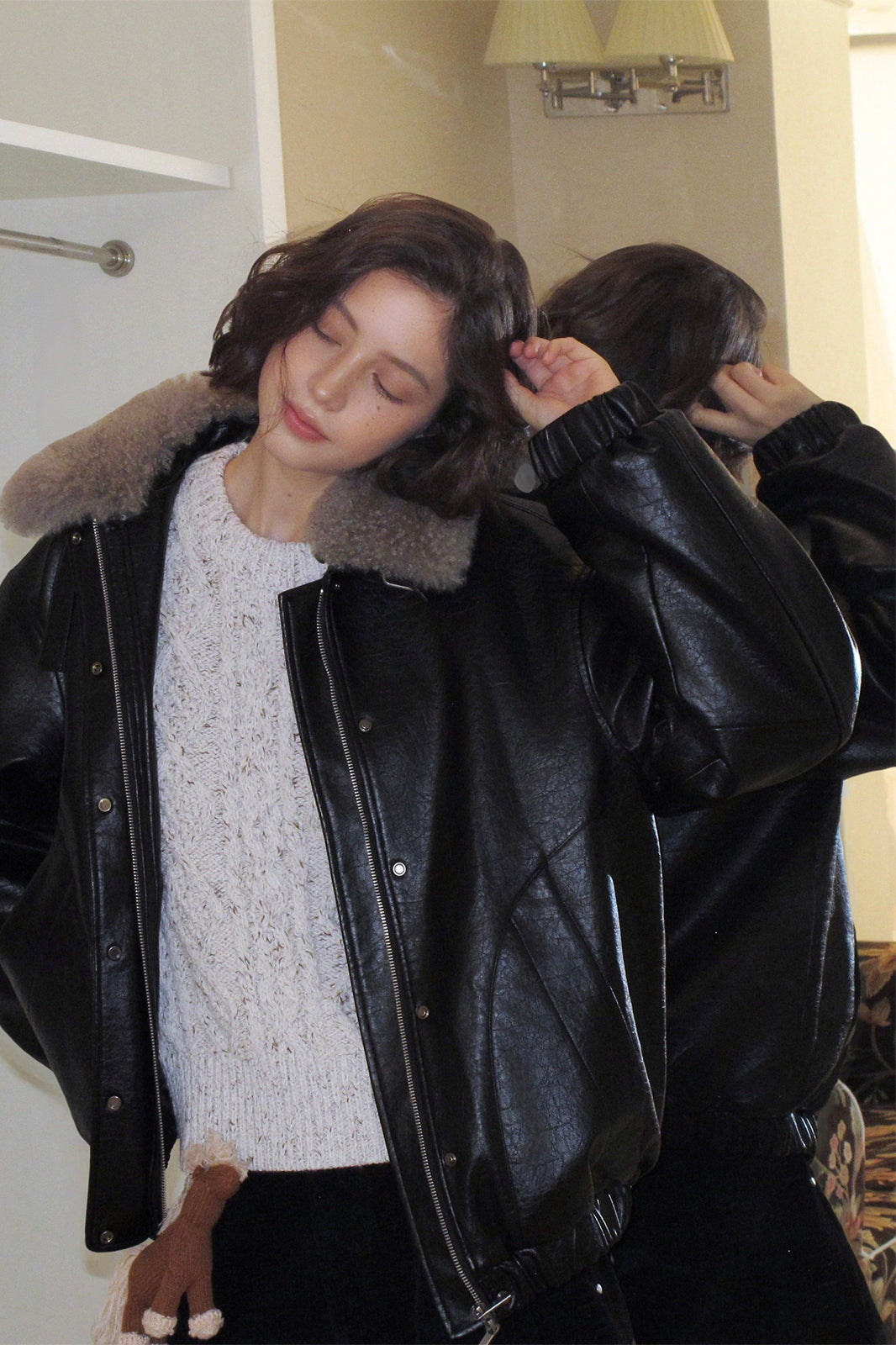 CHICCHICK Detachable Wool Collar Faux Leather Jacket