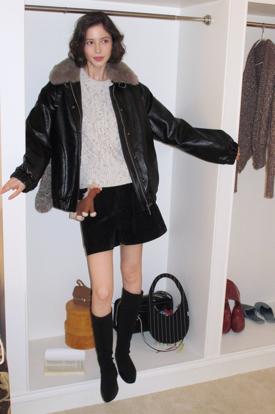 CHICCHICK Detachable Wool Collar Faux Leather Jacket
