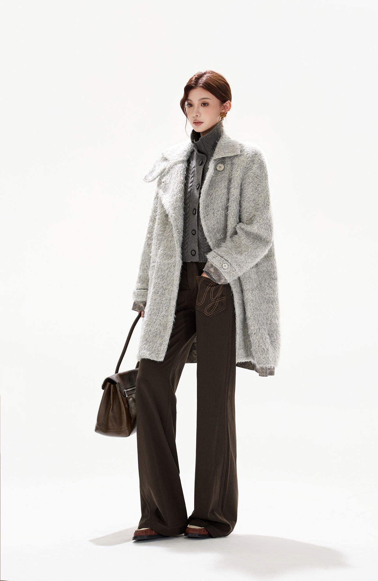 CYGNENOYR Asymmetric Fuzzy Wool-Blend Coat