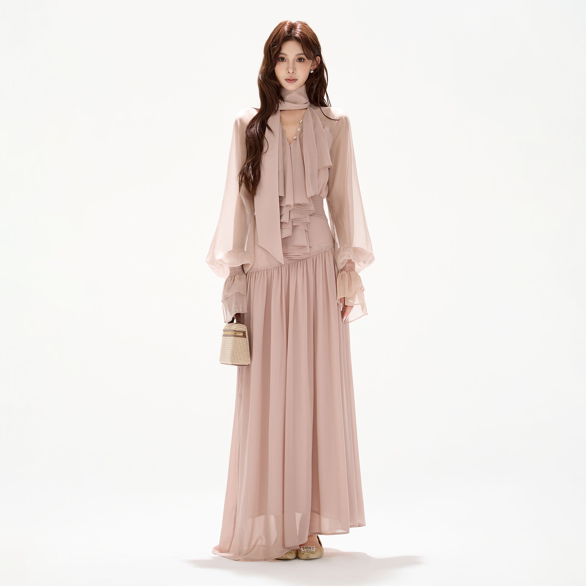 CYGNENOYR Ruffled Bow-Tie Chiffon Tiered Maxi Dress